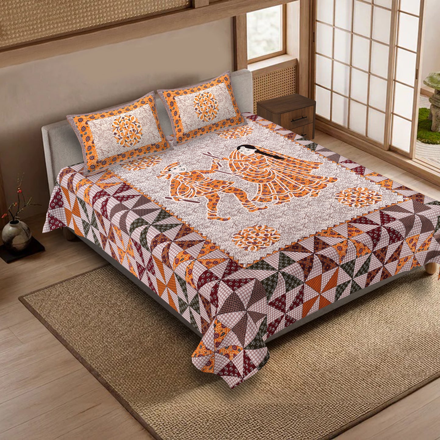 100% pure cotton jaipuri sanganari printed 98*108 king size Premium bedsheet with 2 Matching pillow covers
