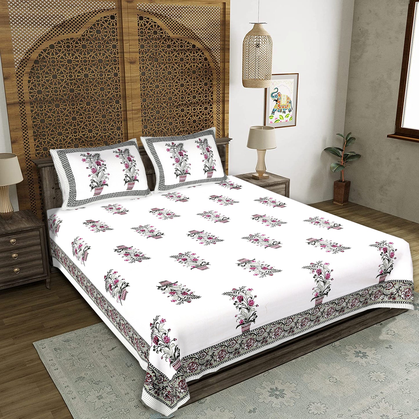 100% pure cotton jaipuri sanganari printed king double size queen Premium badsheet with 2 Matching pillow covers