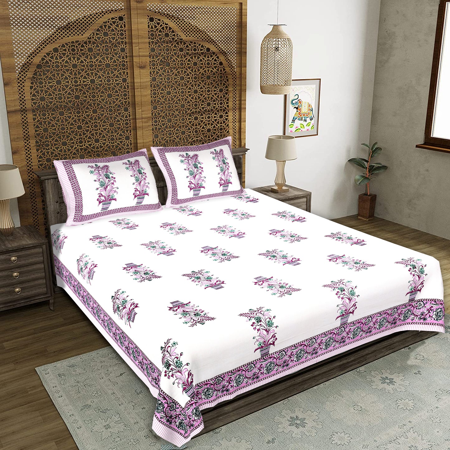 100% pure cotton jaipuri sanganari printed king double size queen Premium badsheet with 2 Matching pillow covers