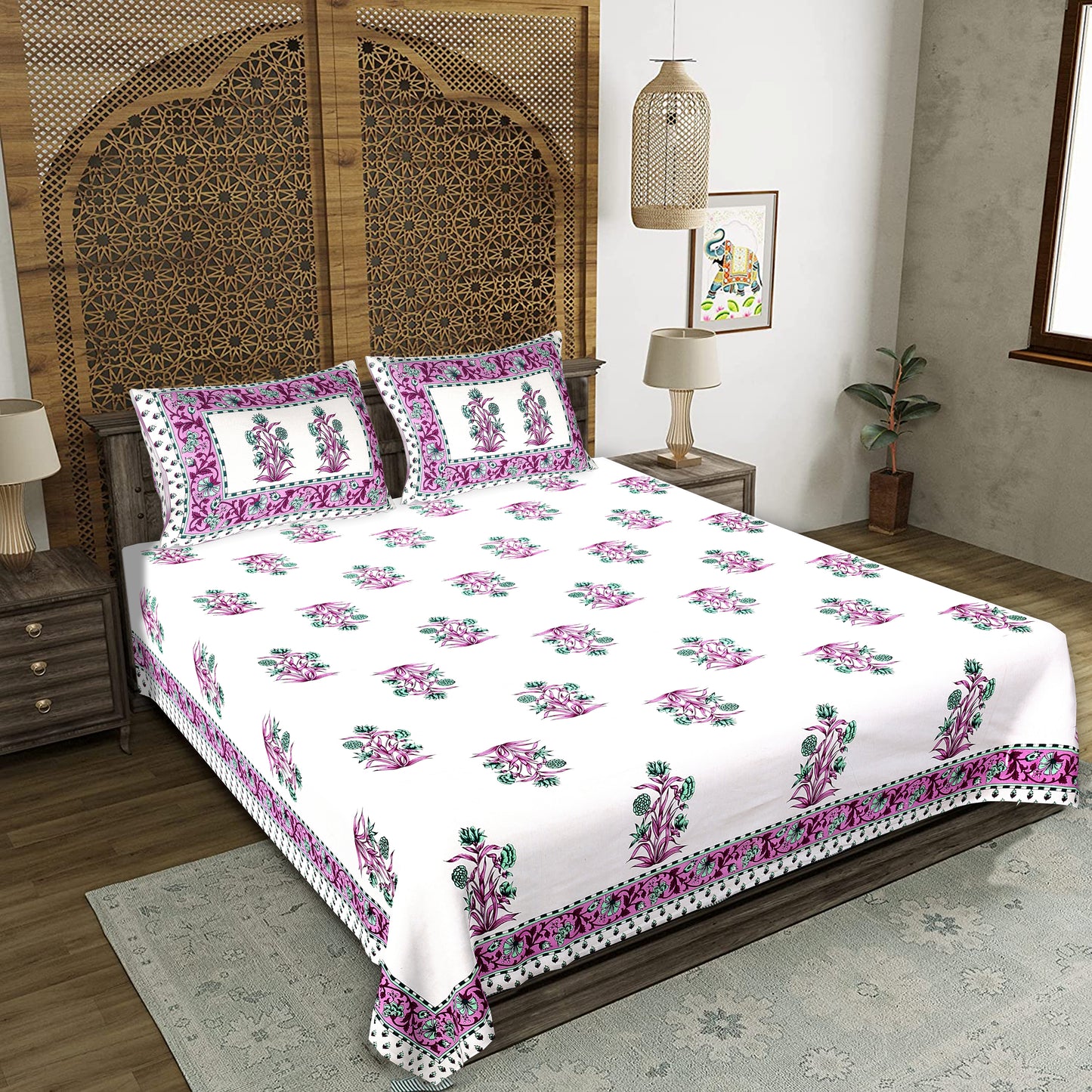 100% pure cotton jaipuri sanganari printed  king size Premium  bedsheet with 2 Matching  pillow covers