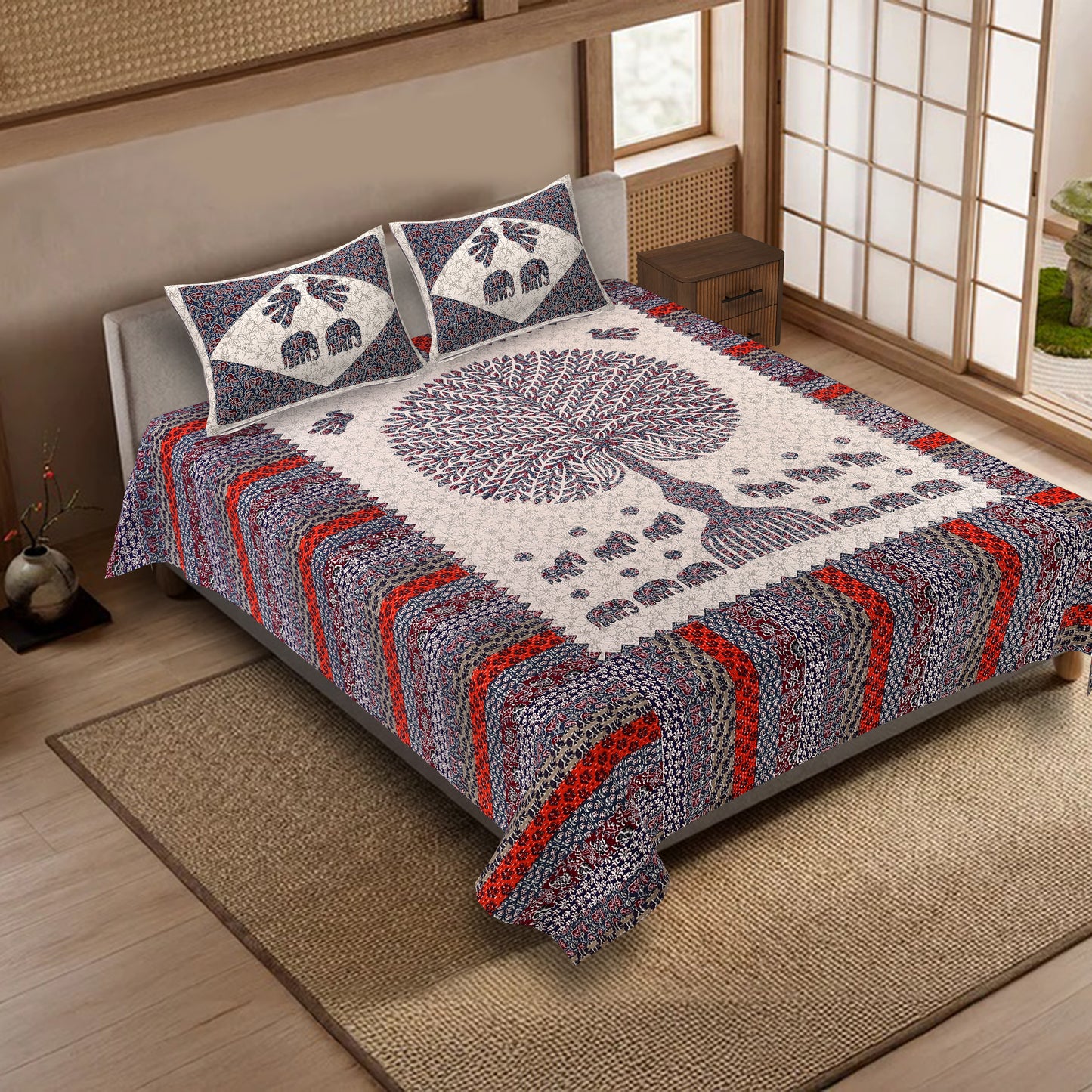 100% pure cotton jaipuri sanganari printed 98*108 king size Premium bedsheet with 2 Matching pillow covers