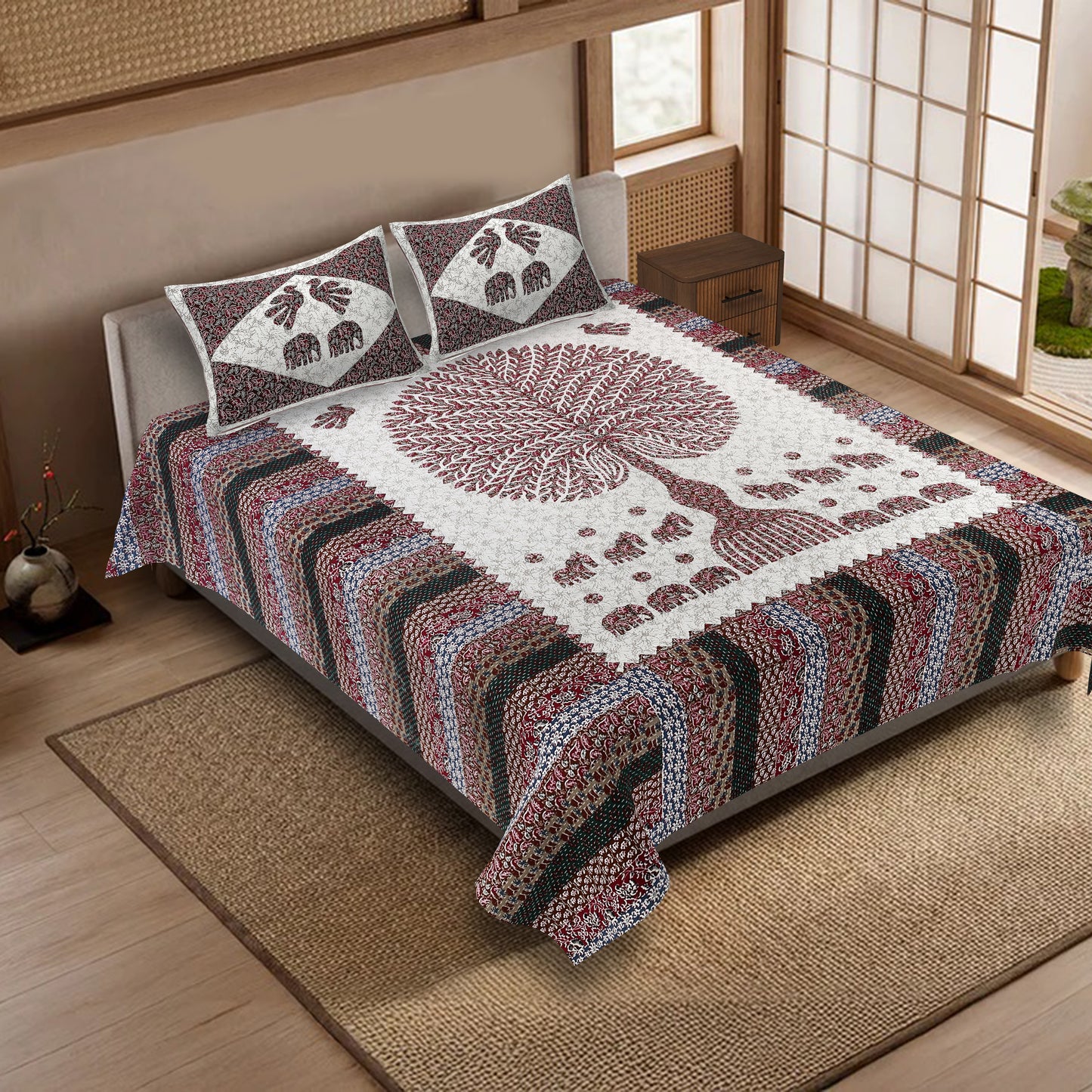 100% pure cotton jaipuri sanganari printed 98*108 king size Premium bedsheet with 2 Matching pillow covers