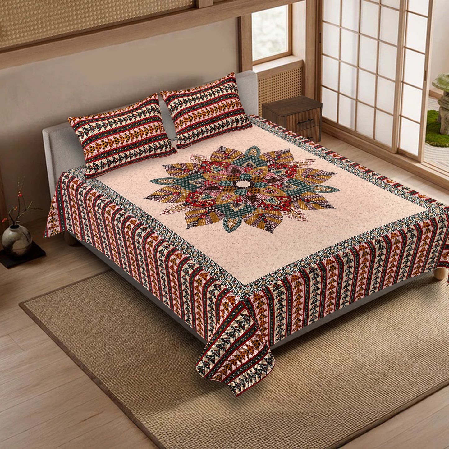100% pure cotton jaipuri sanganari printed 98*108 king size Premium bedsheet with 2 Matching pillow covers