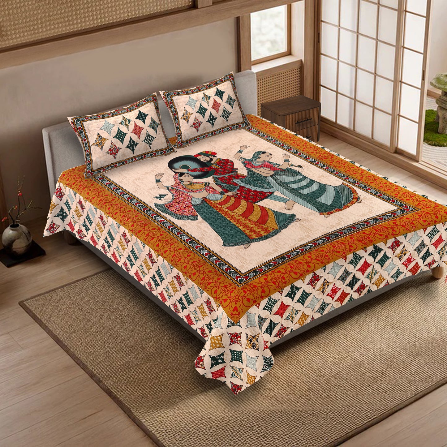 100% pure cotton jaipuri sanganari printed 98*108 king size Premium bedsheet with 2 Matching pillow covers