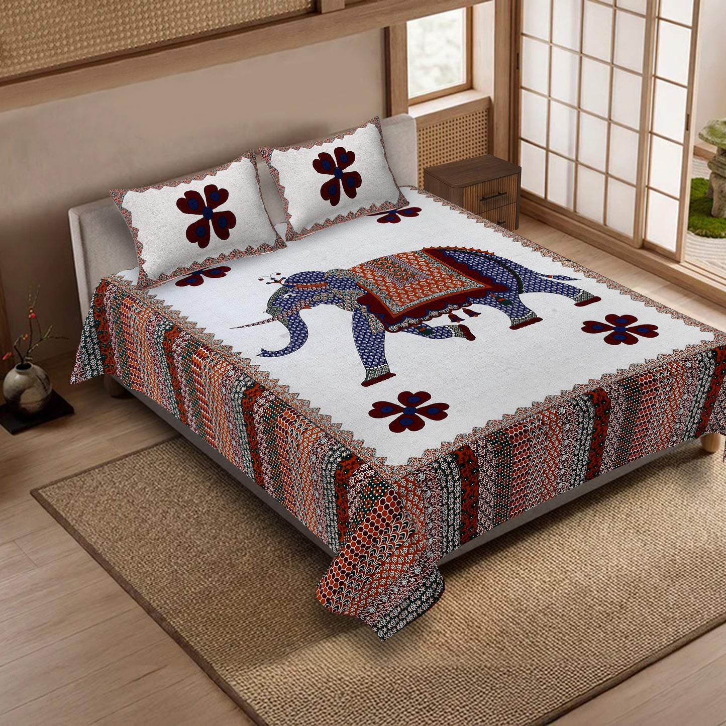 100% pure cotton jaipuri sanganari printed 98*108 king size Premium bedsheet with 2 Matching pillow covers