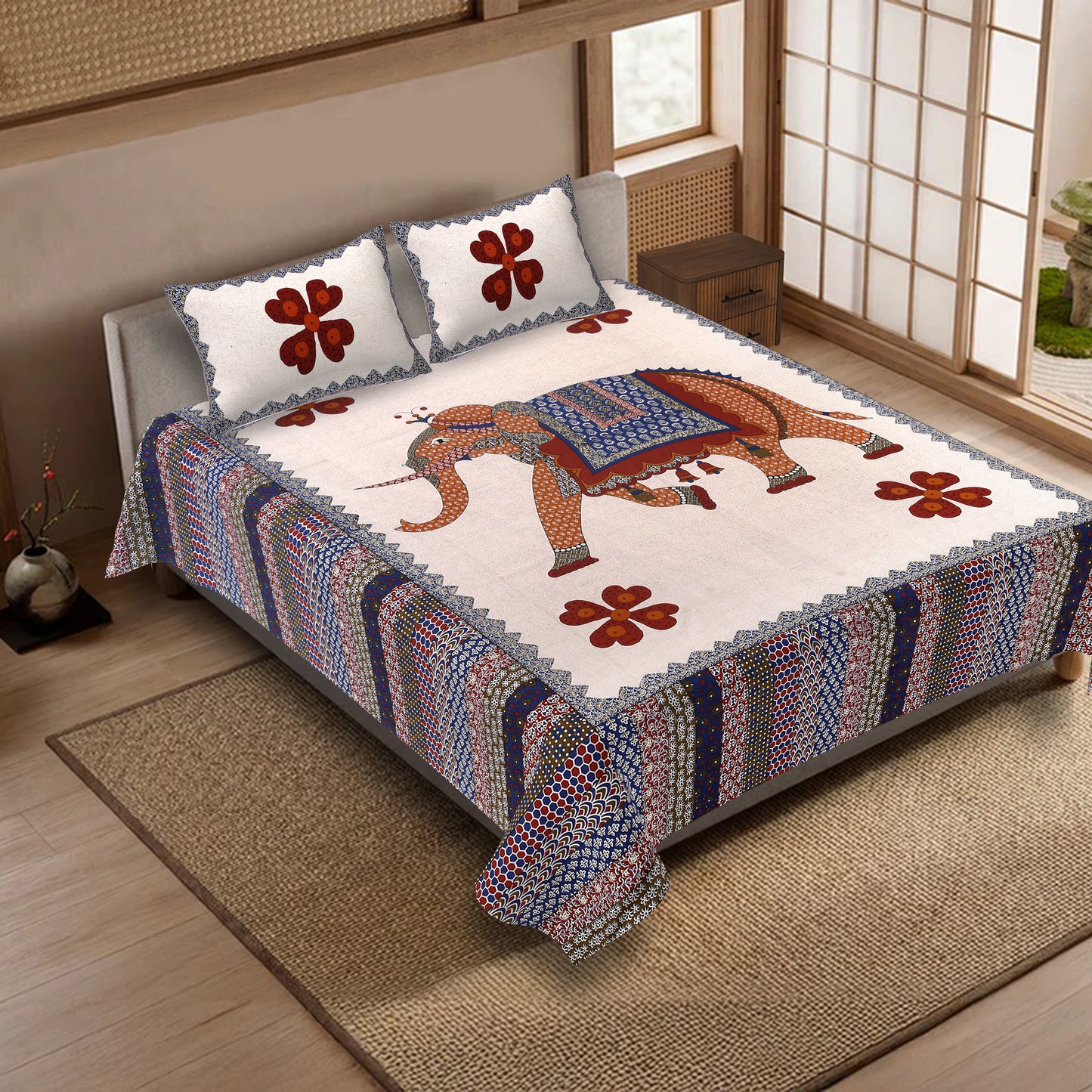 100% pure cotton jaipuri sanganari printed 98*108 king size Premium bedsheet with 2 Matching pillow covers