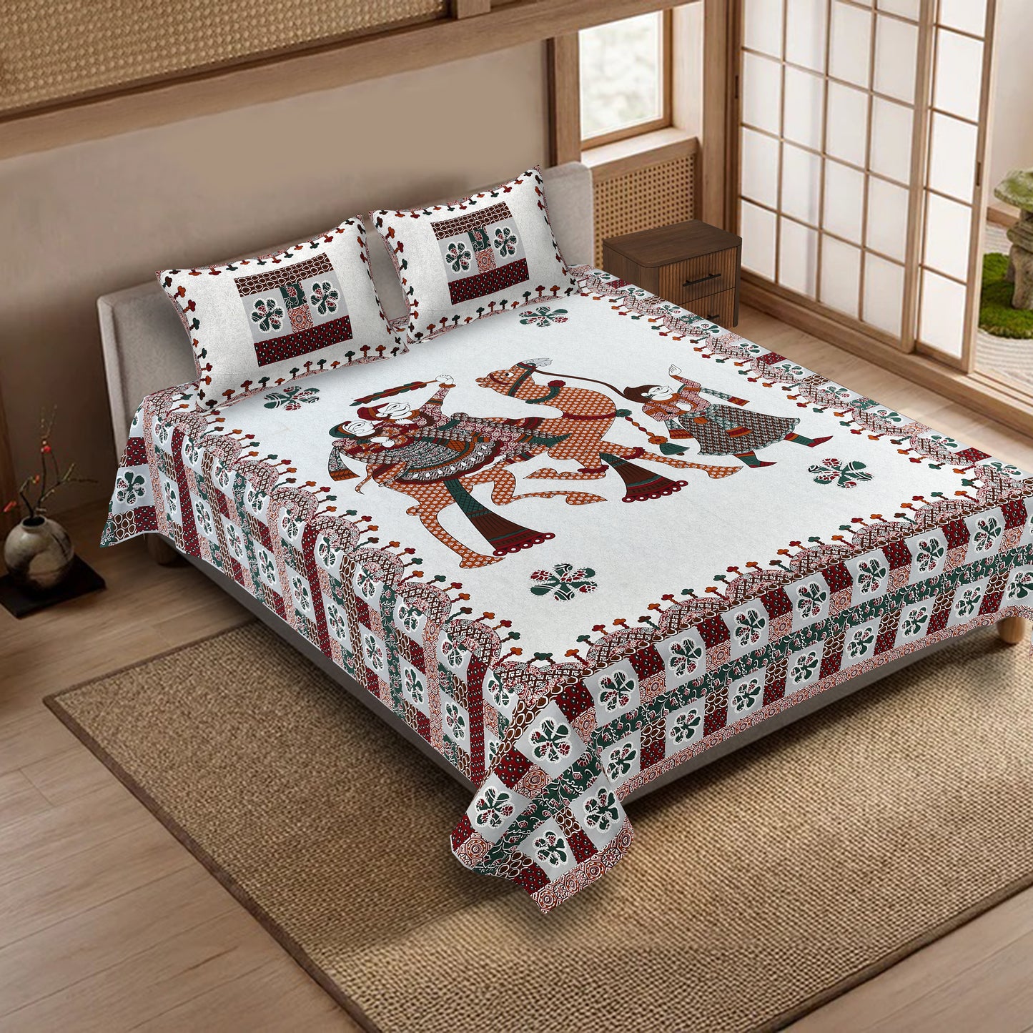 100% pure cotton jaipuri sanganari printed 98*108 king size Premium bedsheet with 2 Matching pillow covers