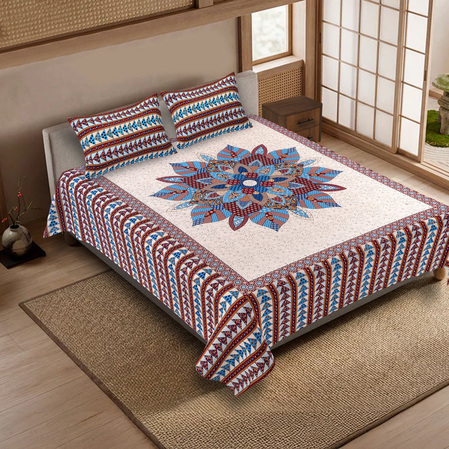 100% pure cotton jaipuri sanganari printed 98*108 king size Premium bedsheet with 2 Matching pillow covers