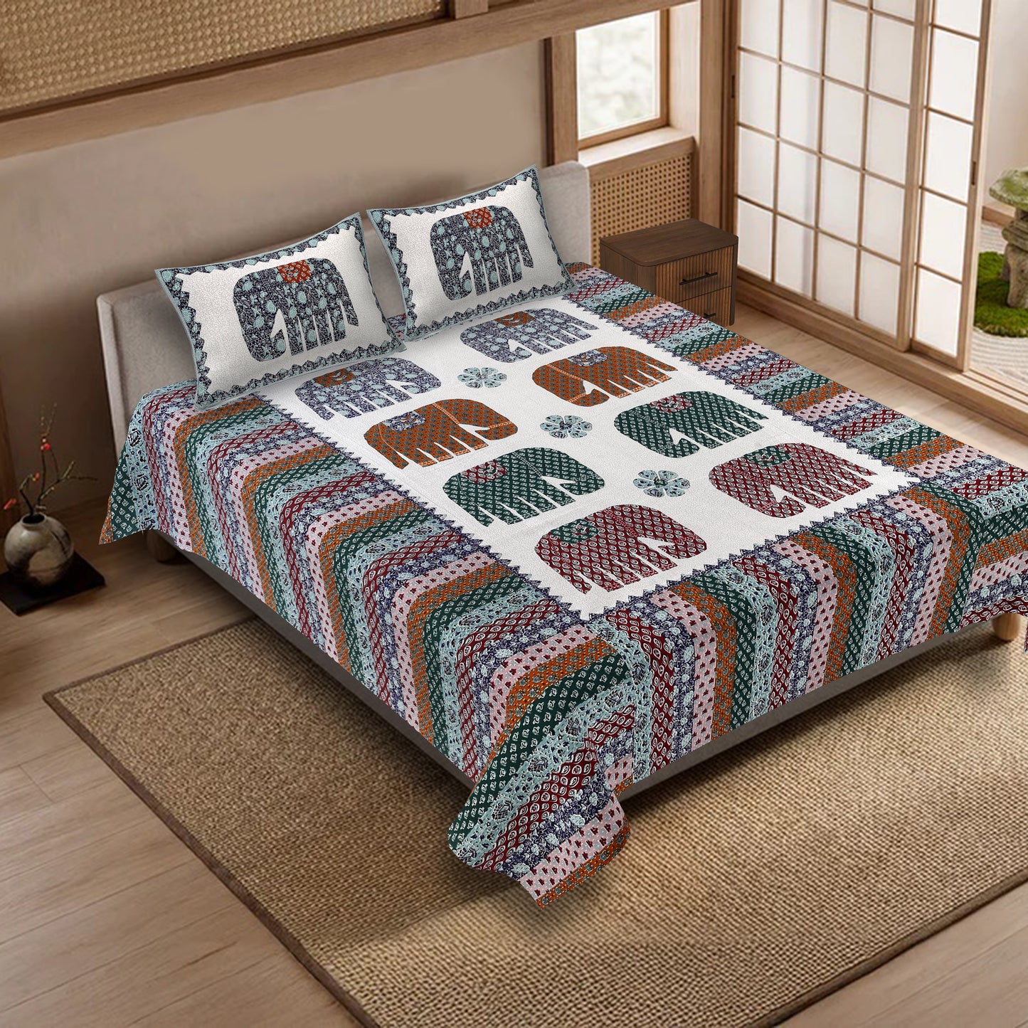100% pure cotton jaipuri sanganari printed 98*108 king size Premium bedsheet with 2 Matching pillow covers