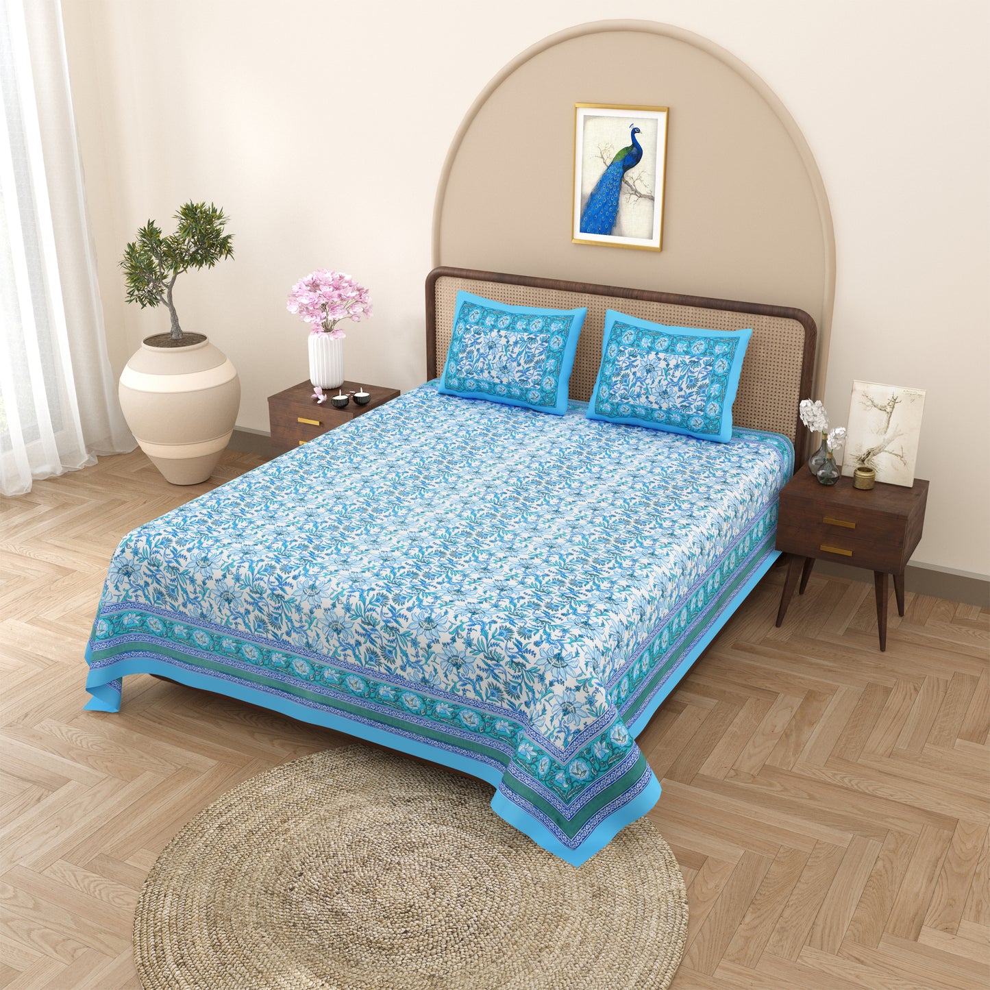100% pure cotton jaipuri sanganari printed 98*108 king size Premium bedsheet with 2 Matching pillow covers