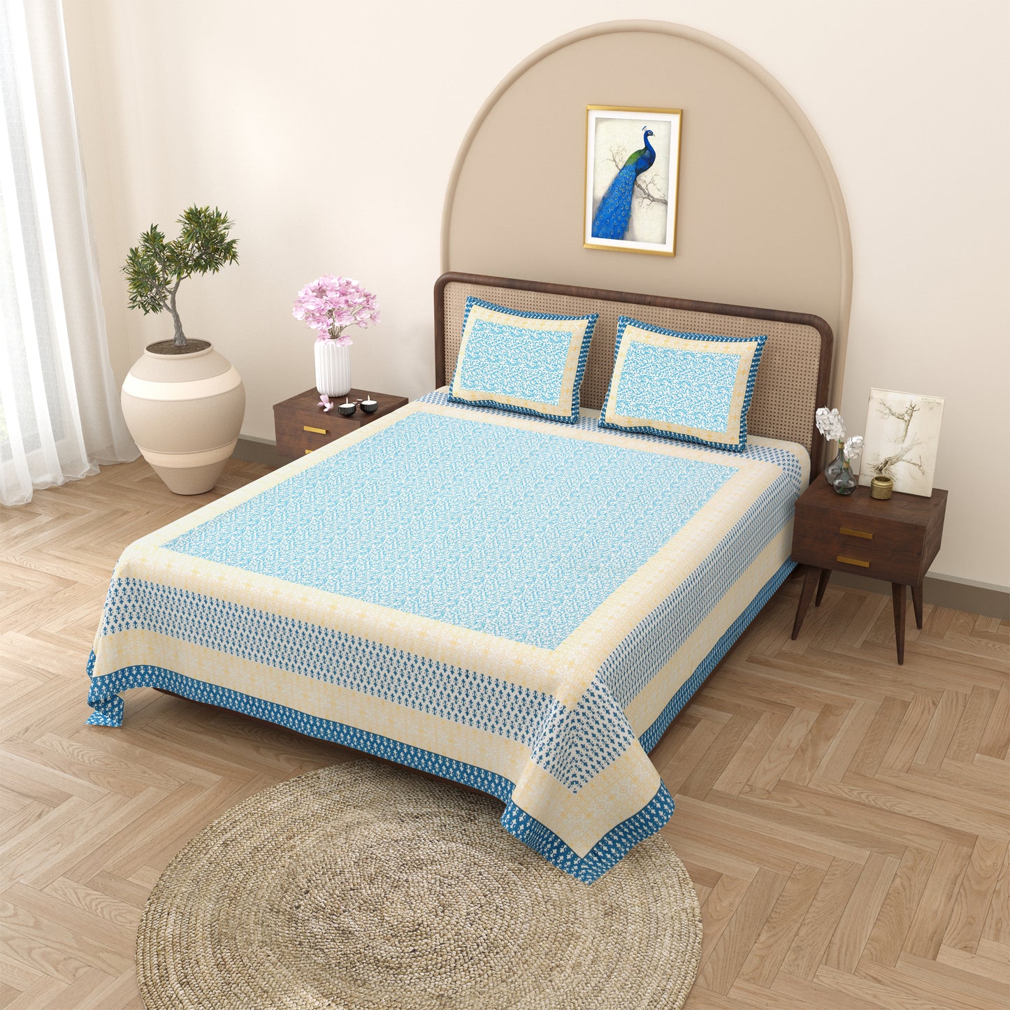 100% pure cotton jaipuri sanganari printed 98*108 king size Premium bedsheet with 2 Matching pillow covers
