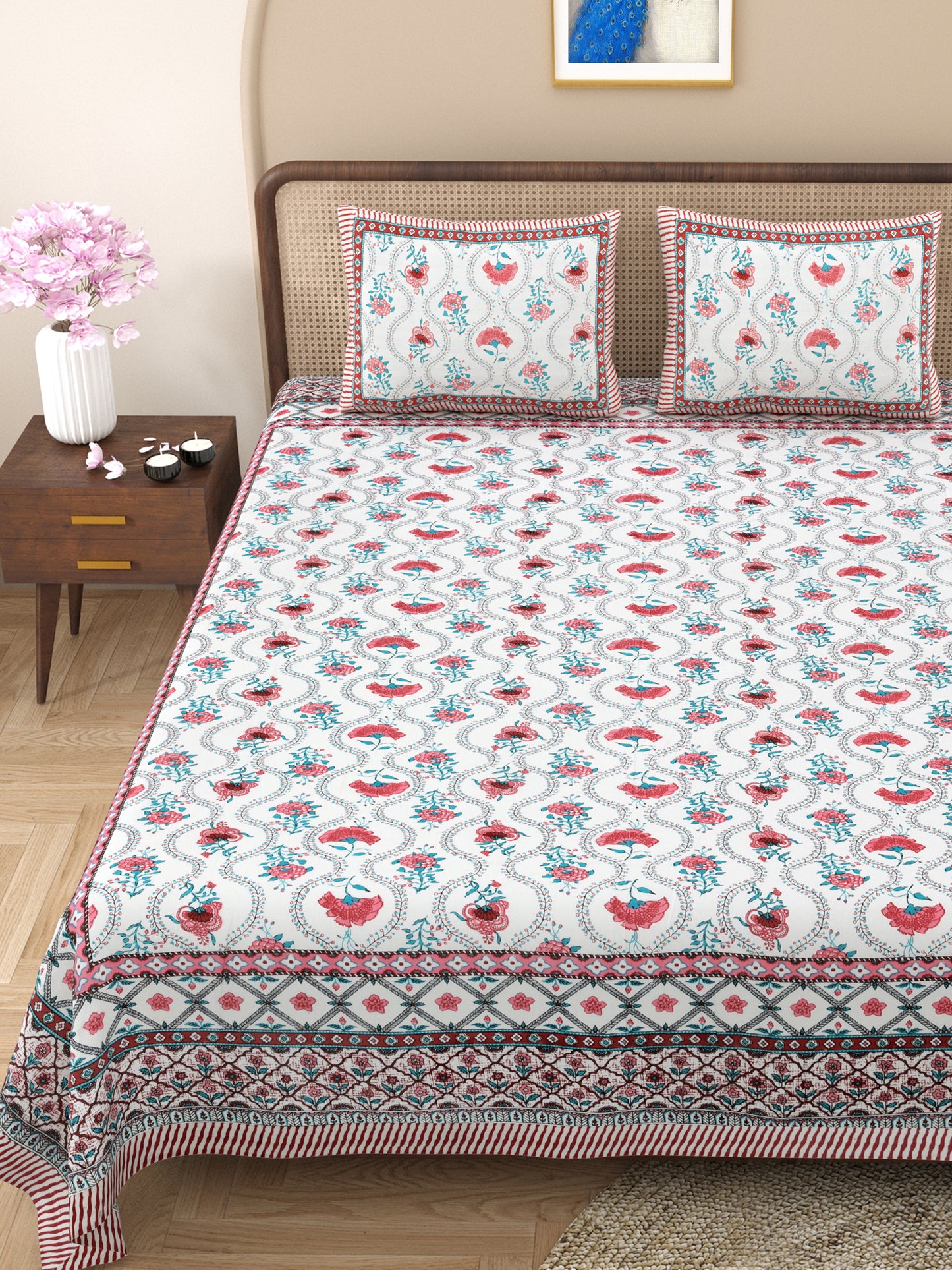 100% pure cotton jaipuri sanganari printed 98*108 king size Premium bedsheet with 2 Matching pillow covers