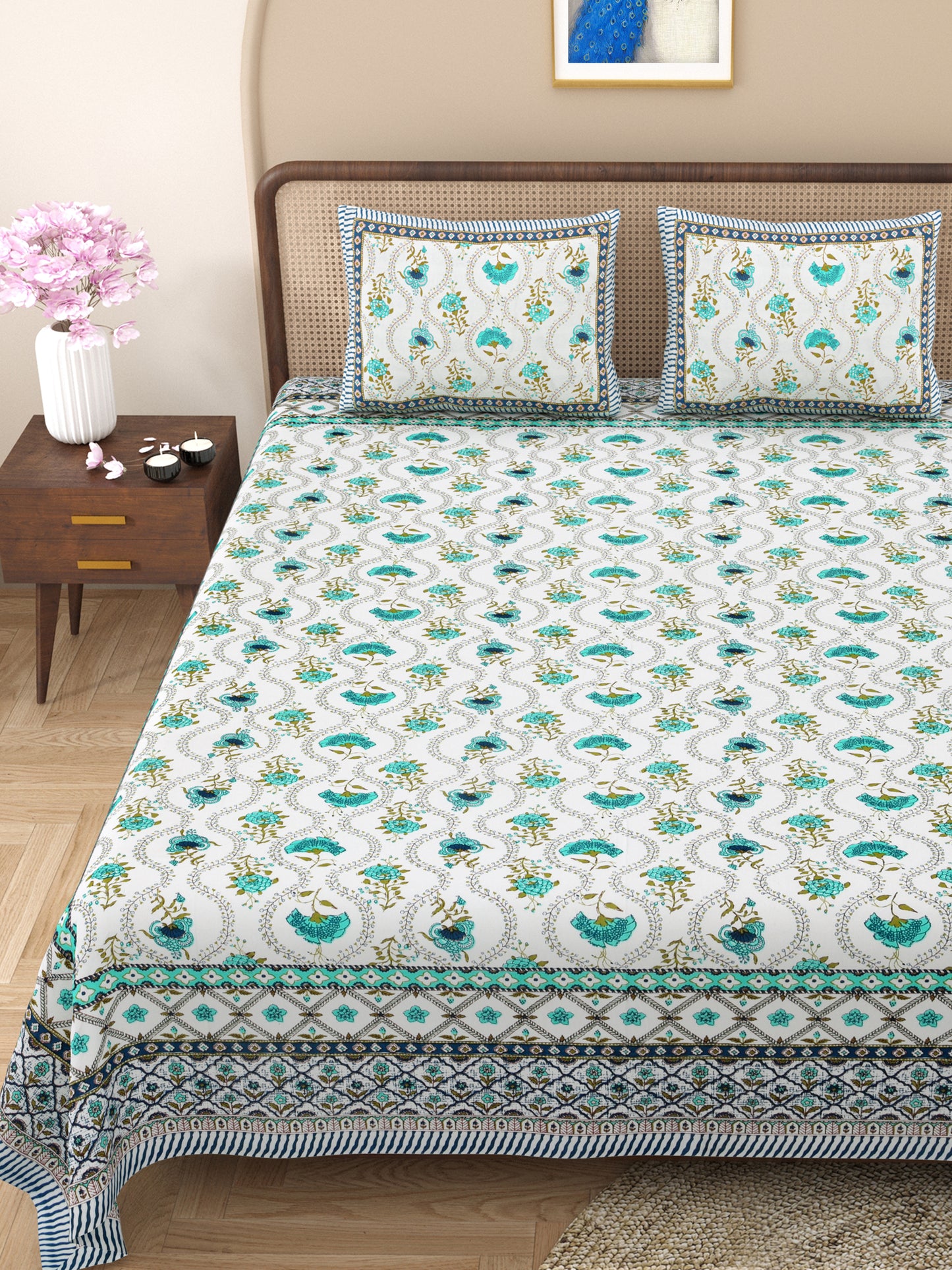 100% pure cotton jaipuri sanganari printed 98*108 king size Premium bedsheet with 2 Matching pillow covers