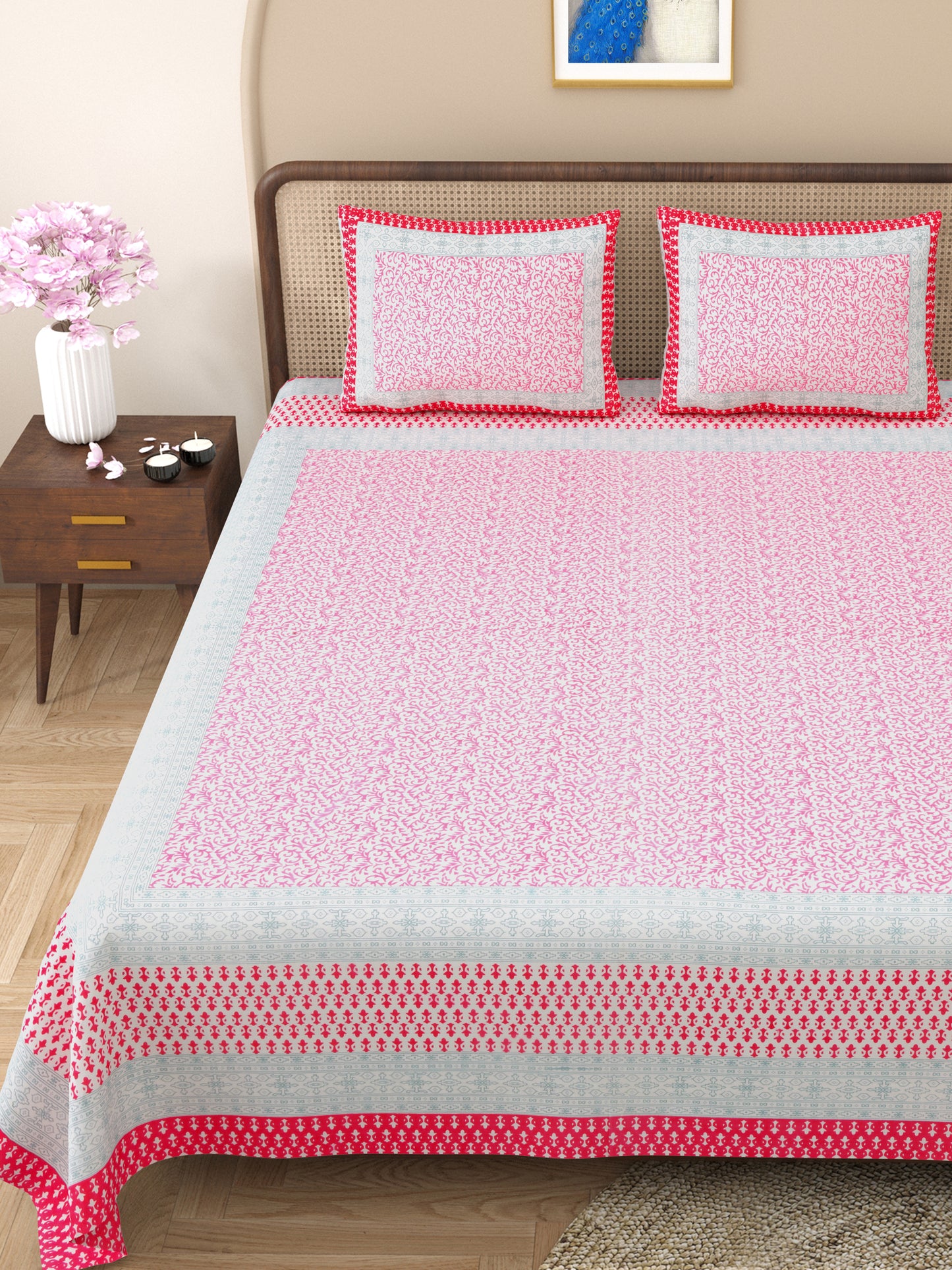 100% pure cotton jaipuri sanganari printed 98*108 king size Premium bedsheet with 2 Matching pillow covers