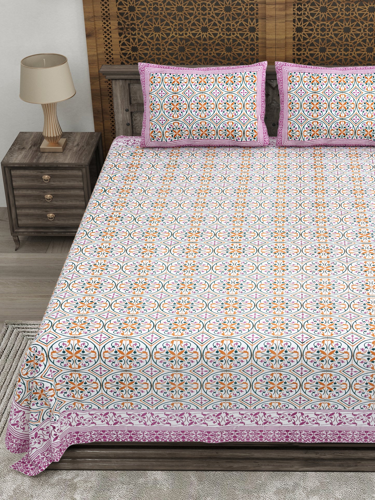 100% pure cotton jaipuri sanganari printed 98*108 king size Premium bedsheet with 2 Matching pillow covers