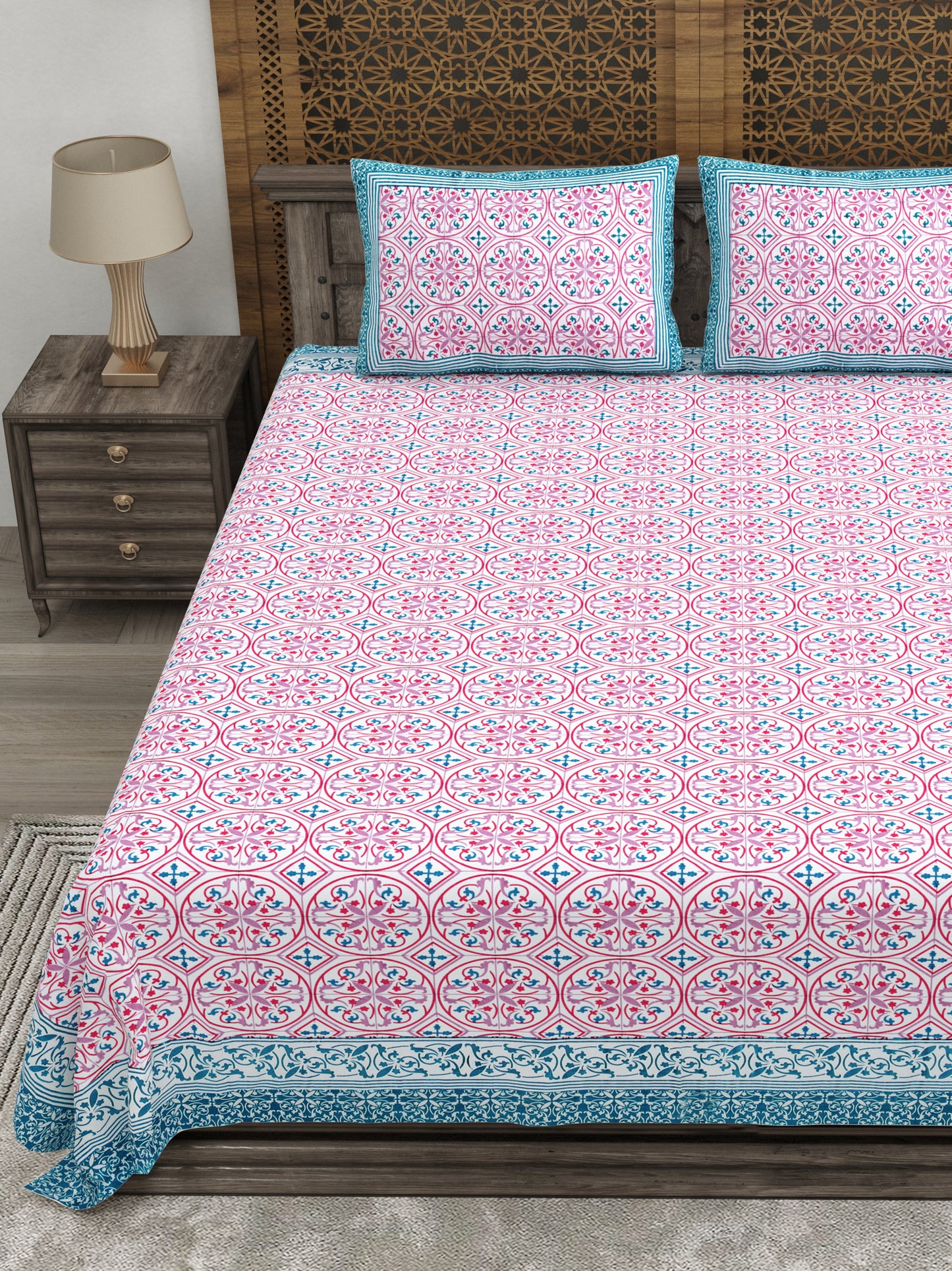 100% pure cotton jaipuri sanganari printed 98*108 king size Premium bedsheet with 2 Matching pillow covers