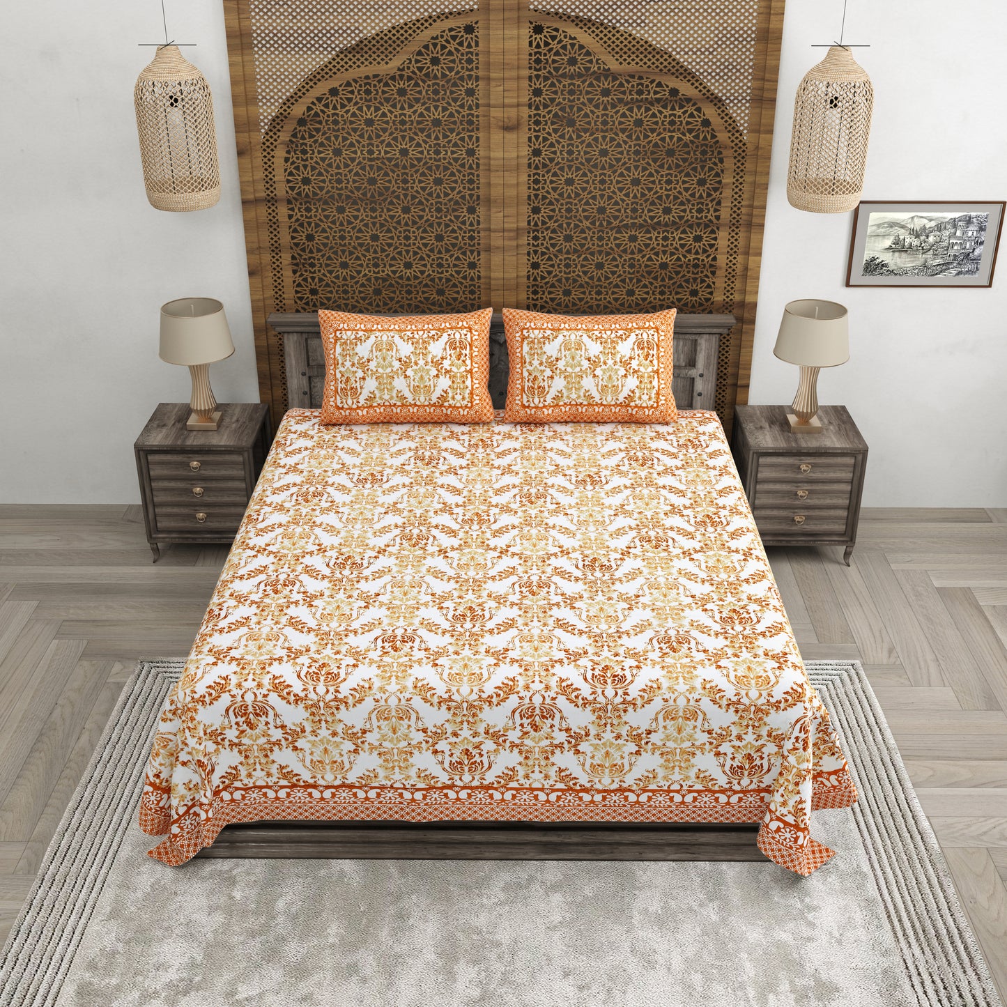 100% pure cotton jaipuri sanganari printed 98*108 king size Premium bedsheet with 2 Matching pillow covers