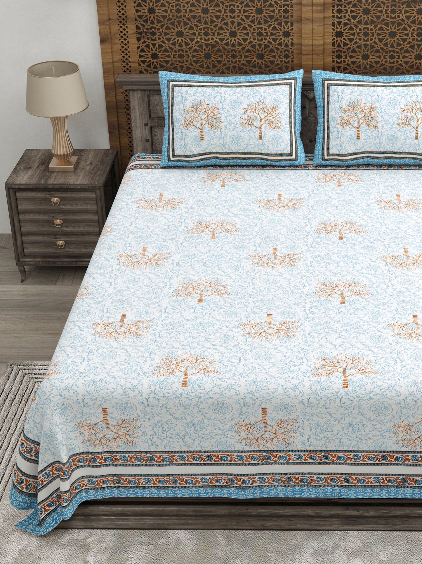 100% pure cotton jaipuri sanganari printed 98*108 king size Premium bedsheet with 2 Matching pillow covers