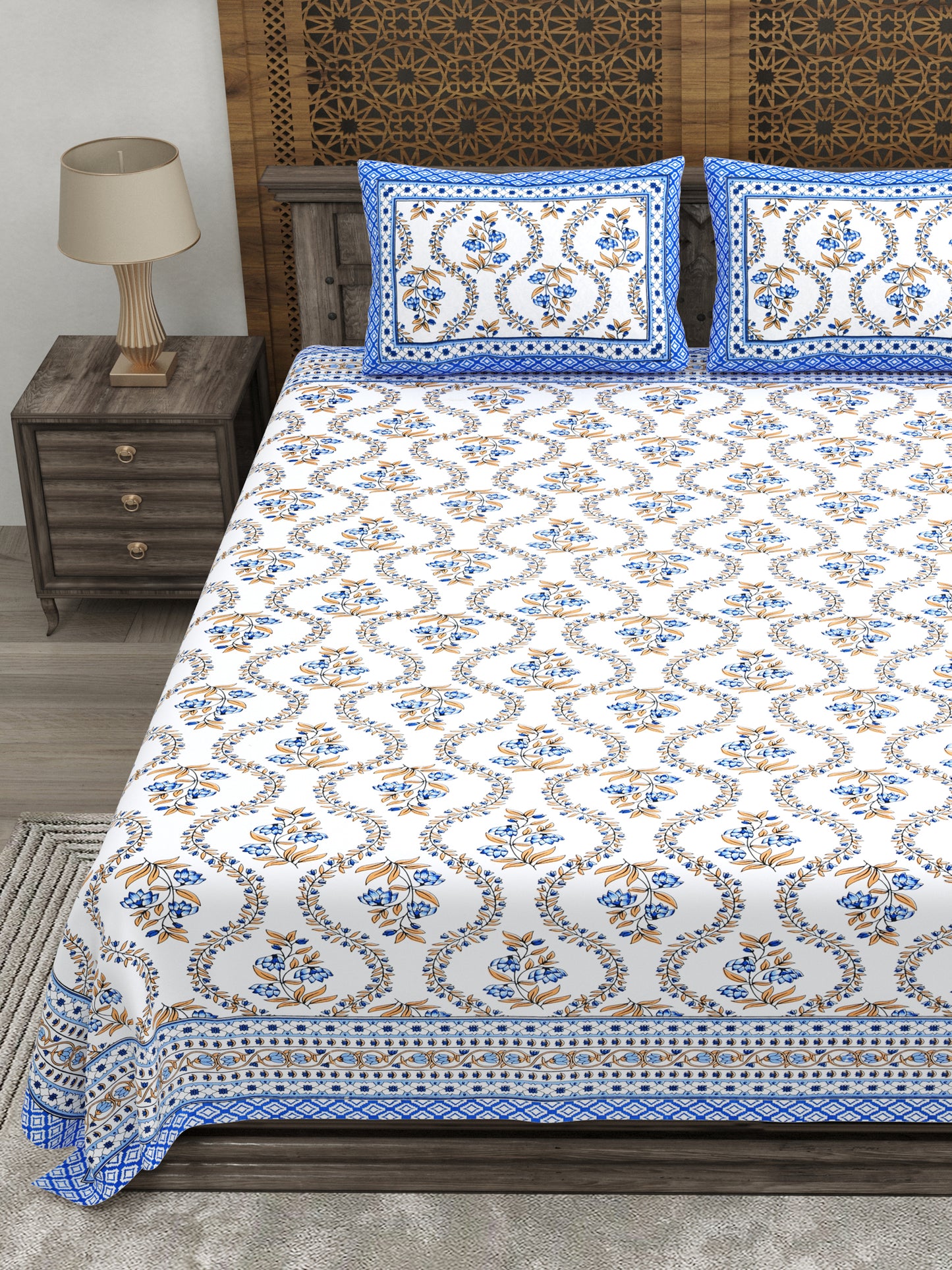 100% pure cotton jaipuri sanganari printed 98*108 king size Premium bedsheet with 2 Matching pillow covers