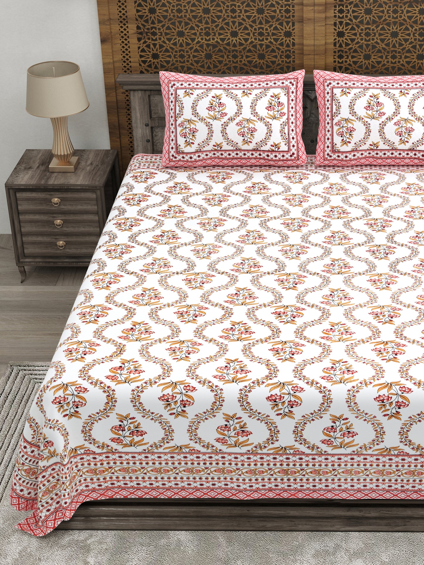 100% pure cotton jaipuri sanganari printed 98*108 king size Premium bedsheet with 2 Matching pillow covers