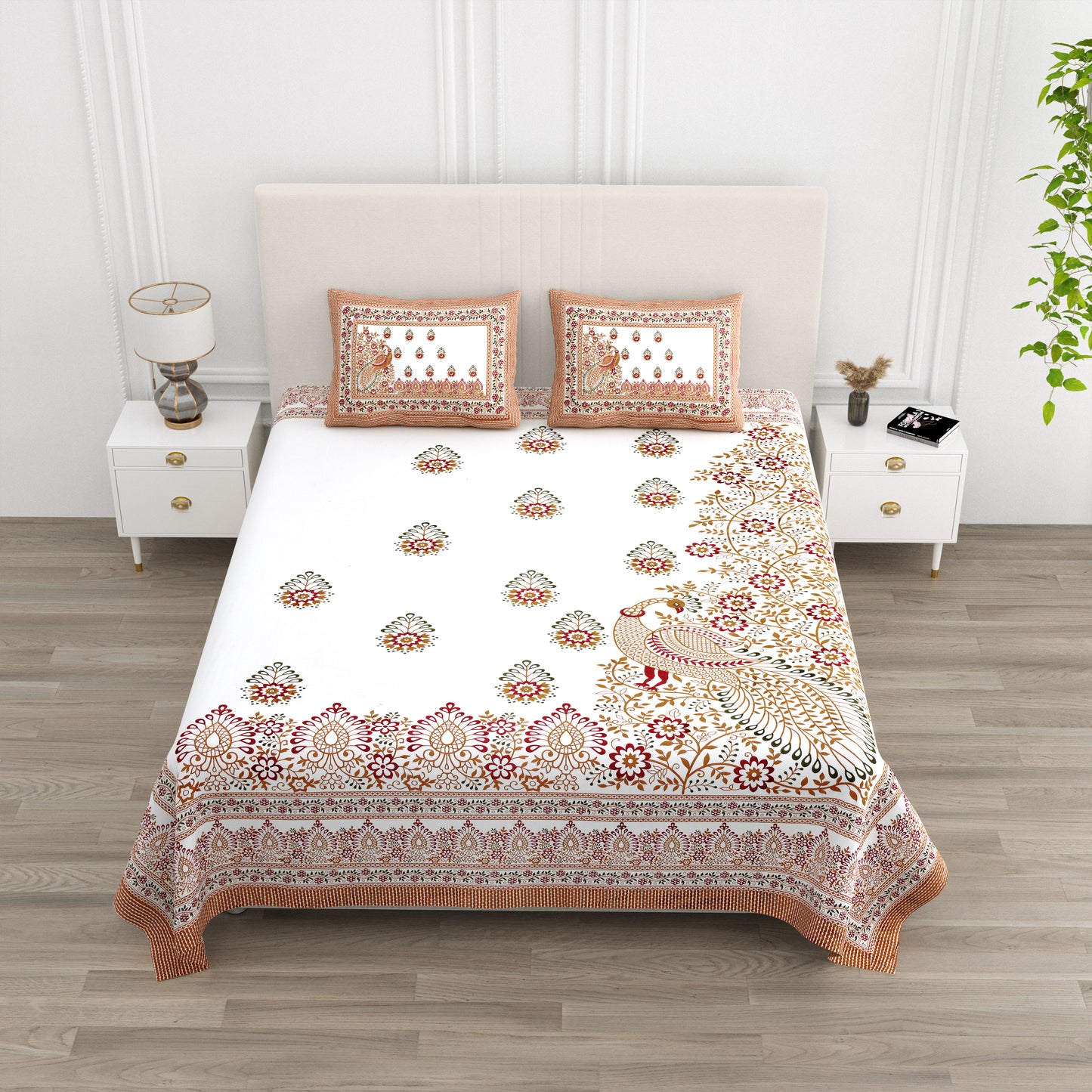 100% pure cotton jaipuri sanganari printed 98*108 king size Premium bedsheet with 2 Matching pillow covers