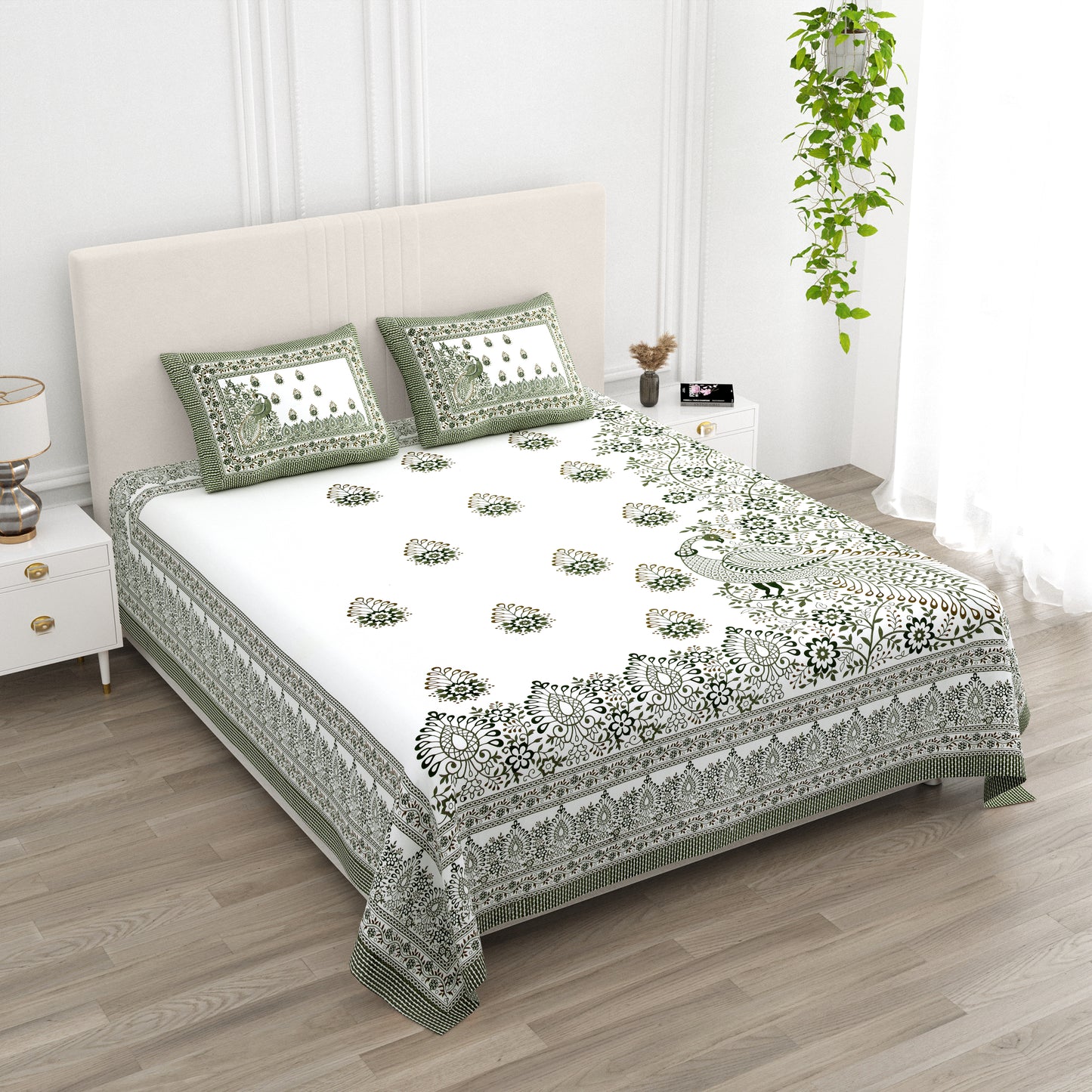 100% pure cotton jaipuri sanganari printed 98*108 king size Premium bedsheet with 2 Matching pillow covers