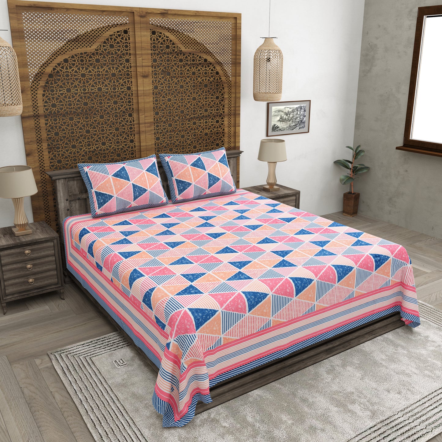 100% pure cotton jaipuri sanganari printed 98*108 king size Premium bedsheet with 2 Matching pillow covers