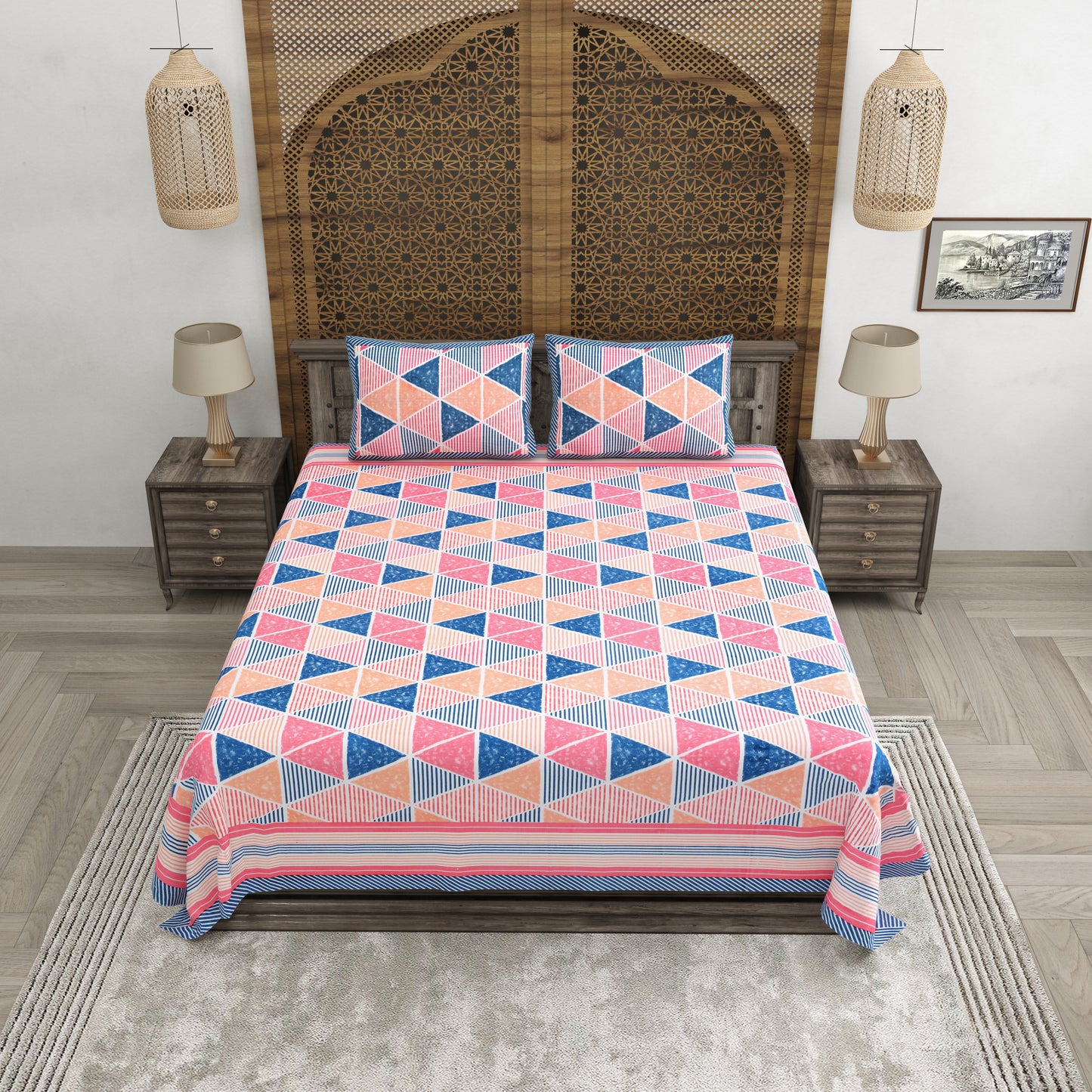100% pure cotton jaipuri sanganari printed 98*108 king size Premium bedsheet with 2 Matching pillow covers