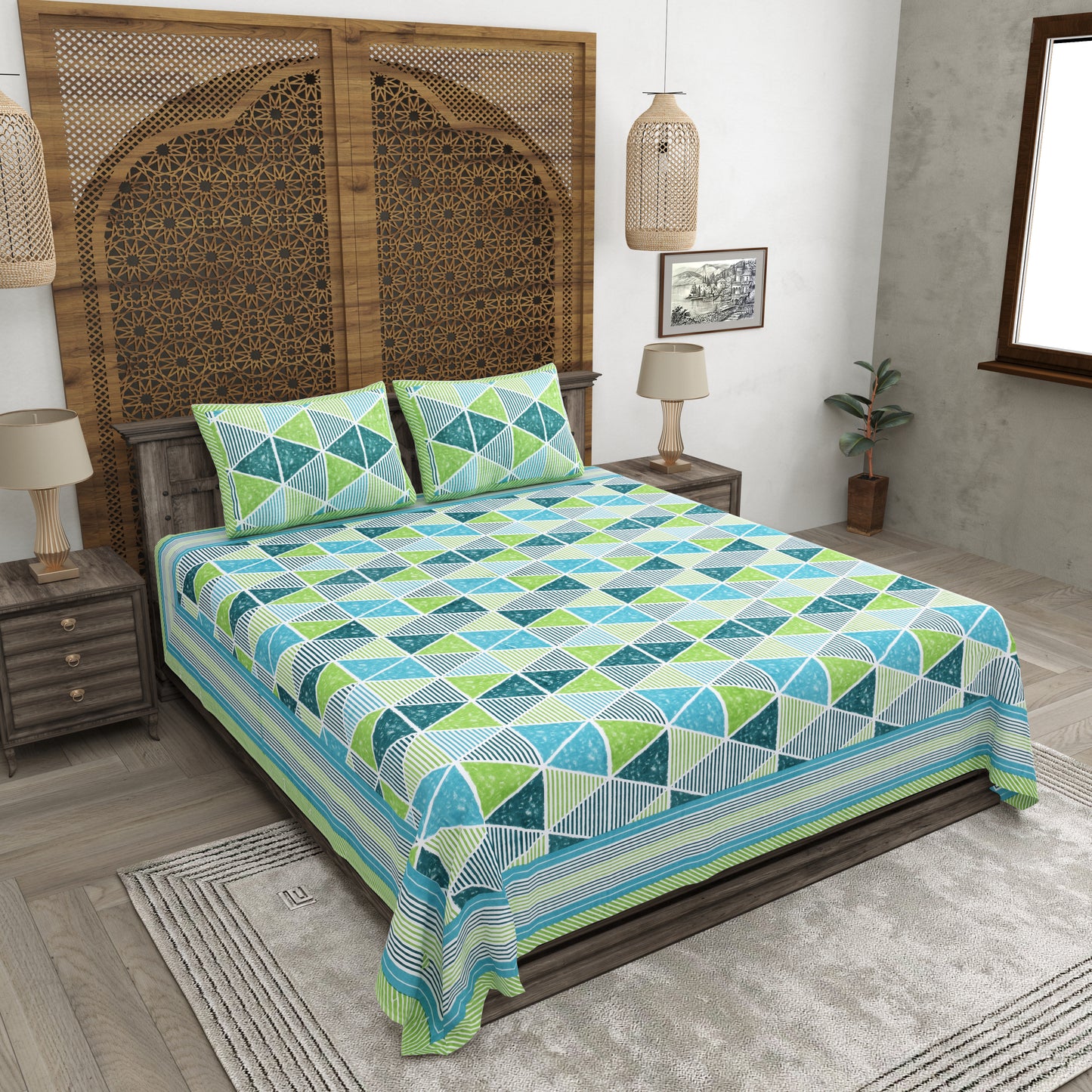 100% pure cotton jaipuri sanganari printed 98*108 king size Premium bedsheet with 2 Matching pillow covers
