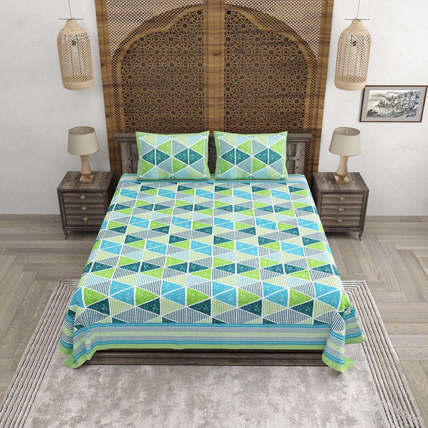 100% pure cotton jaipuri sanganari printed 98*108 king size Premium bedsheet with 2 Matching pillow covers