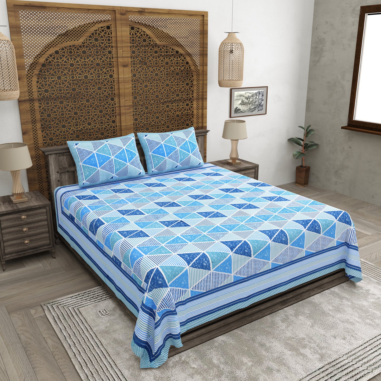 100% pure cotton jaipuri sanganari printed 98*108 king size Premium bedsheet with 2 Matching pillow covers