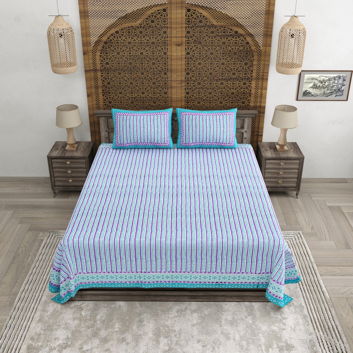 100% pure cotton jaipuri sanganari printed 98*108 king size Premium bedsheet with 2 Matching pillow covers