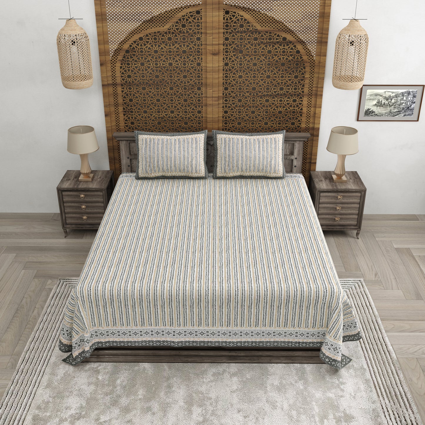 100% pure cotton jaipuri sanganari printed 98*108 king size Premium bedsheet with 2 Matching pillow covers