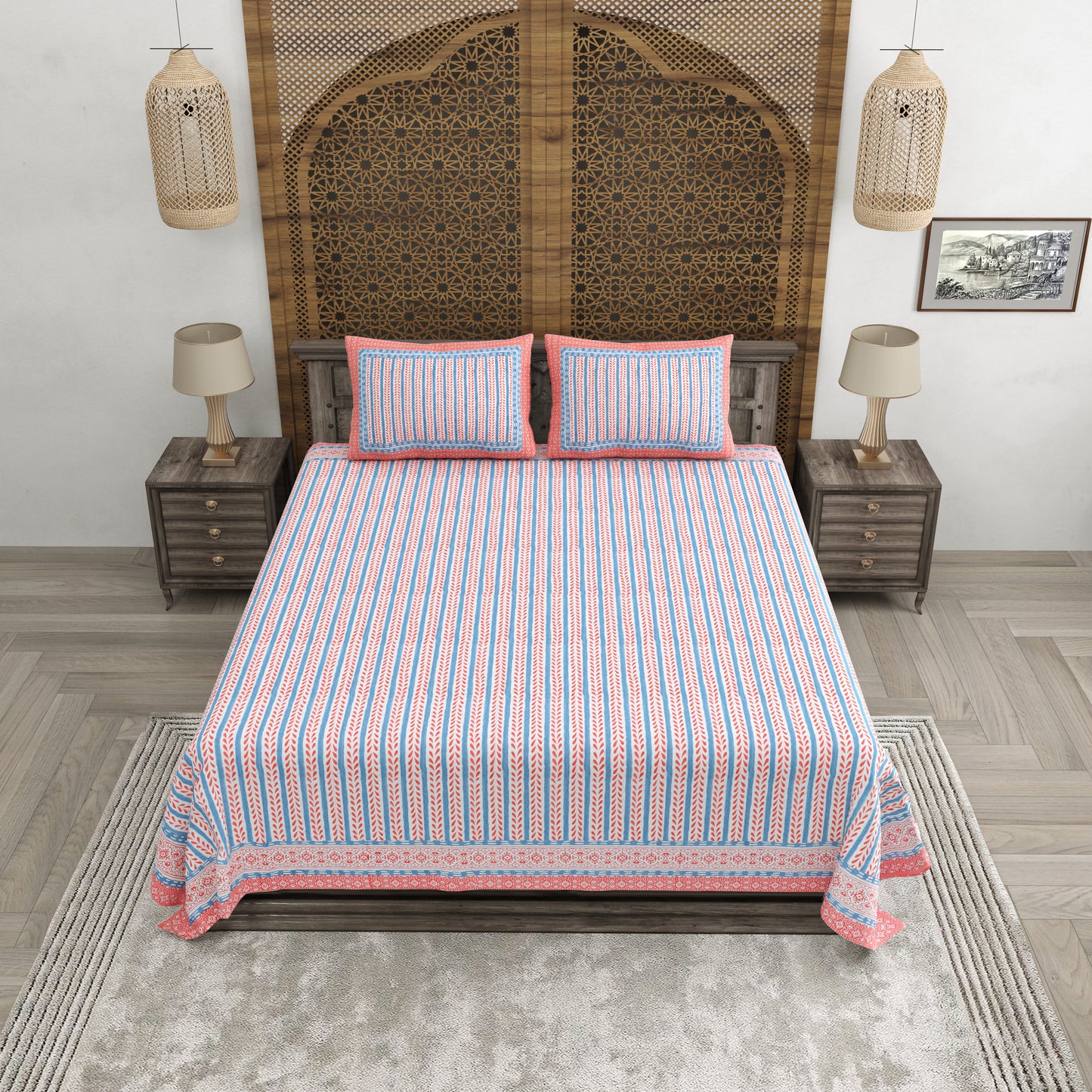 100% pure cotton jaipuri sanganari printed 98*108 king size Premium bedsheet with 2 Matching pillow covers