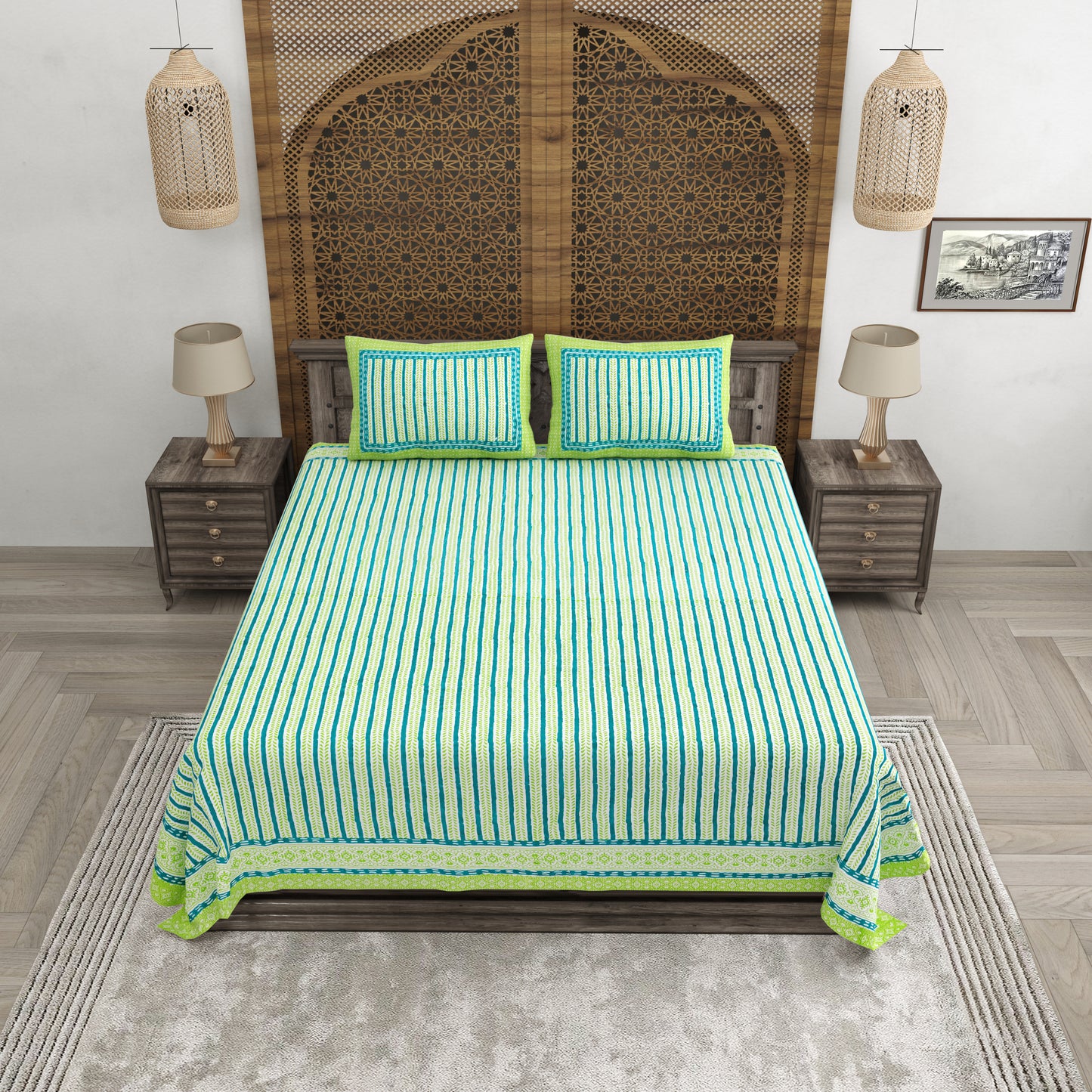 100% pure cotton jaipuri sanganari printed 98*108 king size Premium bedsheet with 2 Matching pillow covers
