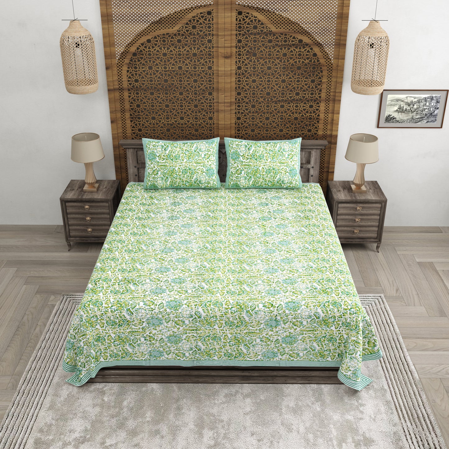 100% pure cotton (Size 98*108) jaipuri sanganari printed Super king Premium badsheet with 2 Matching pillow covers