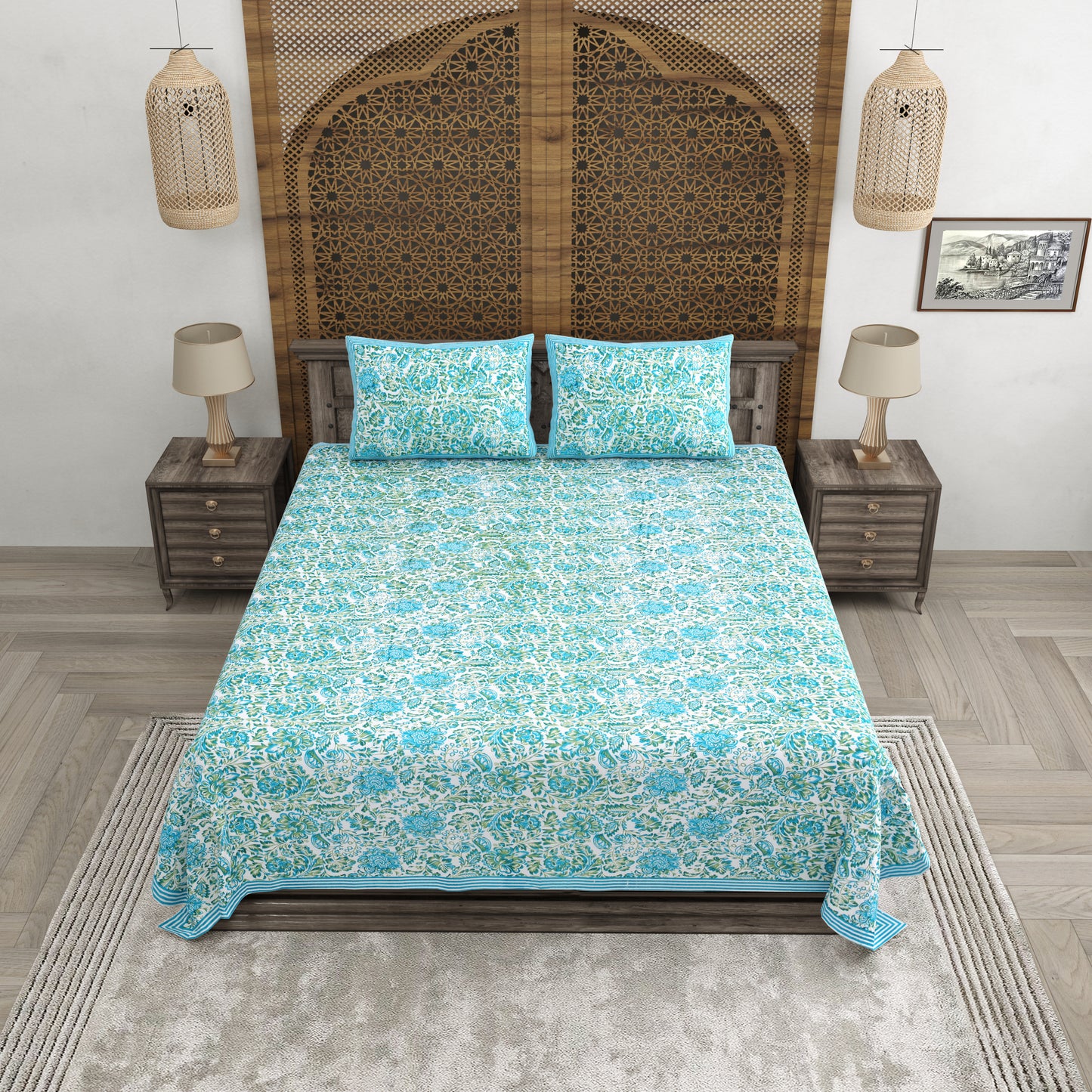 100% pure cotton jaipuri sanganari printed 98*108 king size Premium bedsheet with 2 Matching pillow covers
