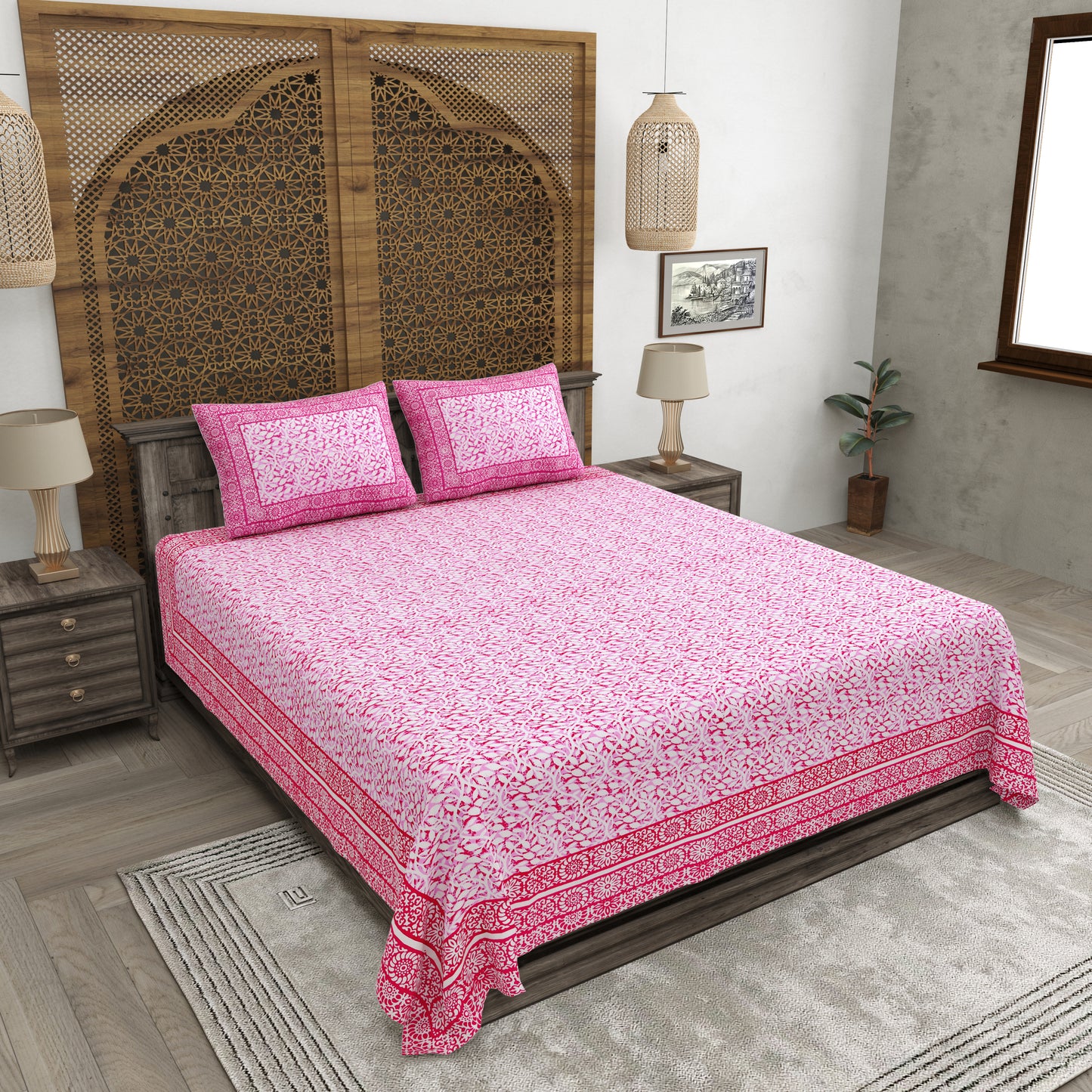 100% pure cotton (Size 98*108) jaipuri sanganari printed Super king Premium badsheet with 2 Matching pillow covers