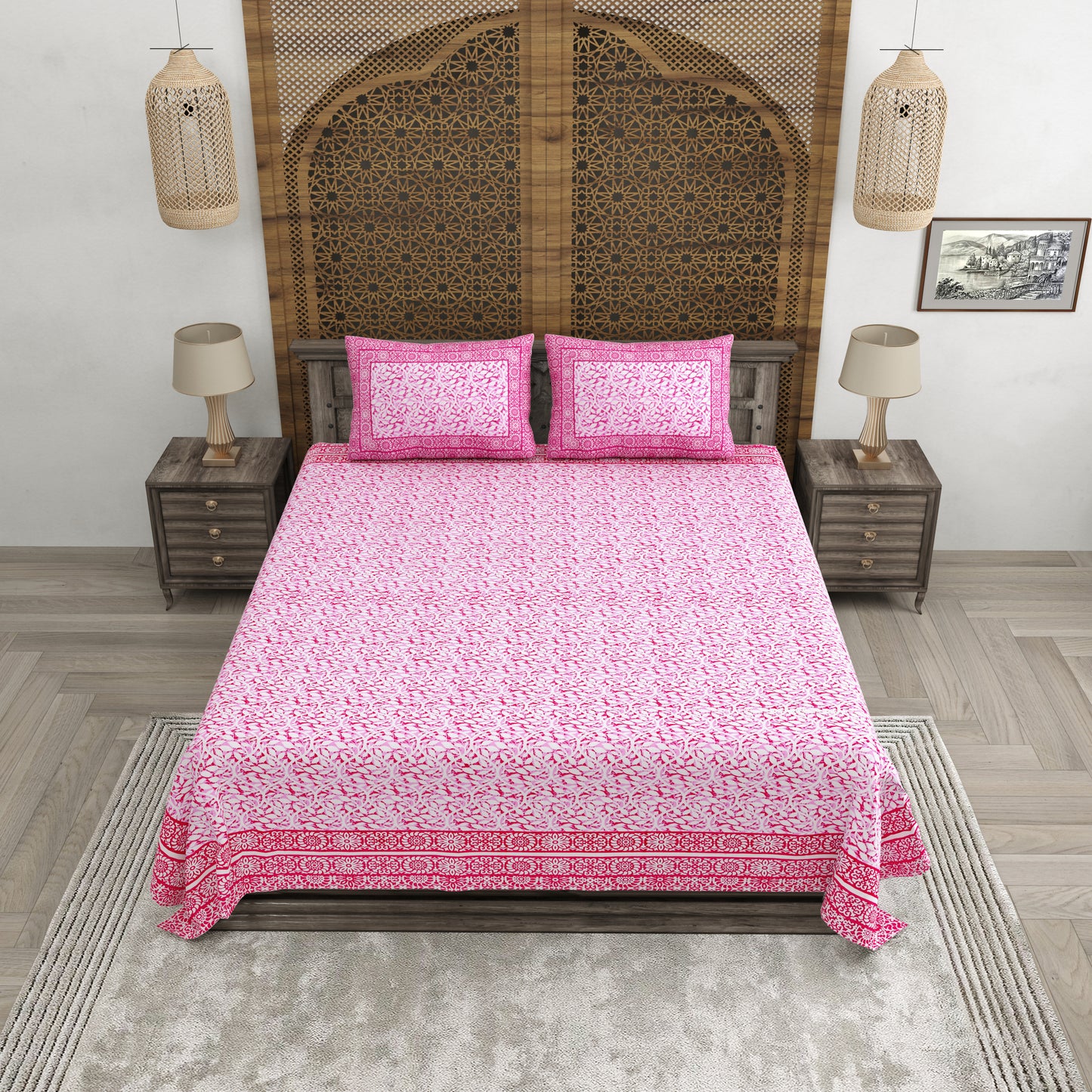 100% pure cotton (Size 98*108) jaipuri sanganari printed Super king Premium badsheet with 2 Matching pillow covers