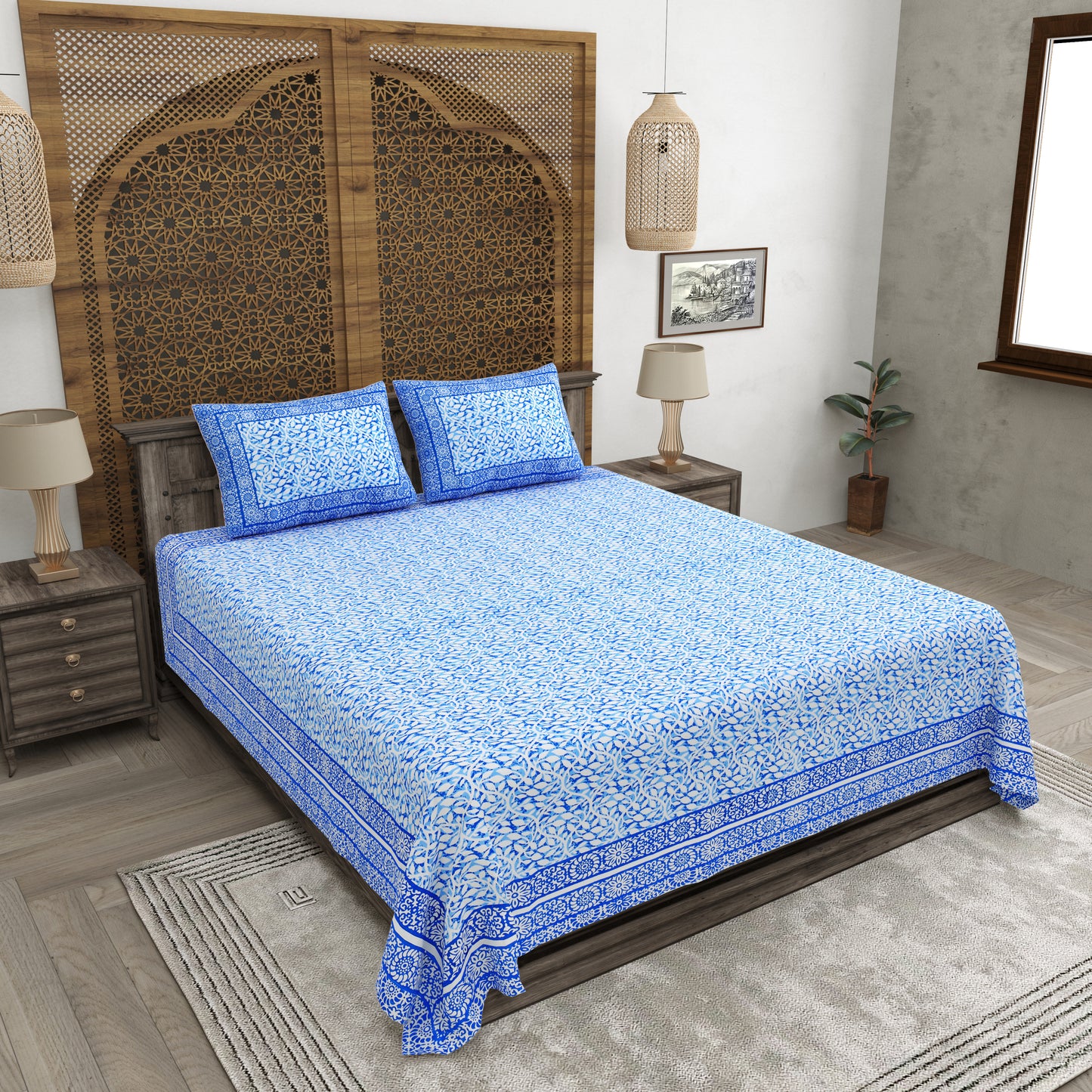 100% pure cotton (Size 98*108) jaipuri sanganari printed Super king Premium badsheet with 2 Matching pillow covers