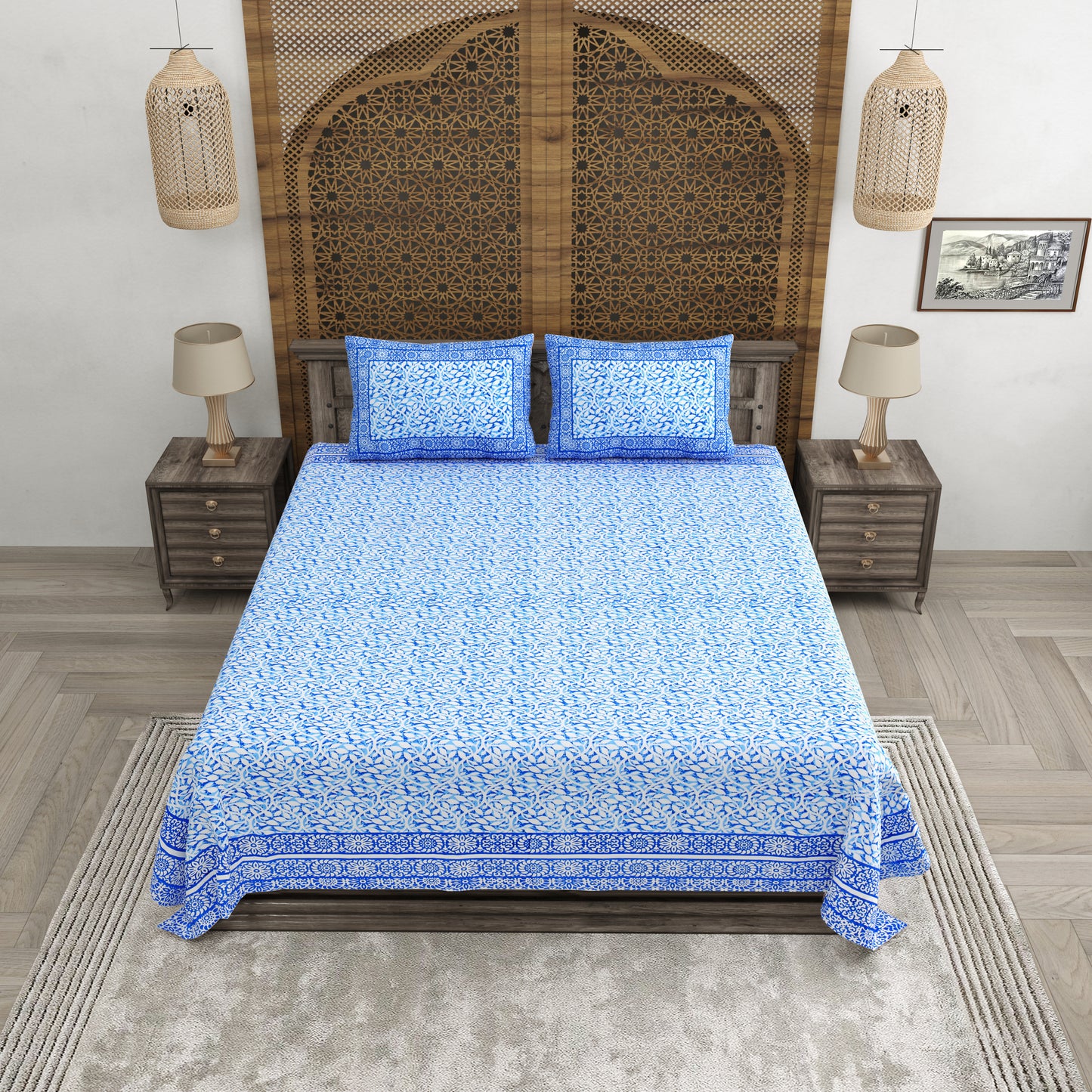 100% pure cotton (Size 98*108) jaipuri sanganari printed Super king Premium badsheet with 2 Matching pillow covers