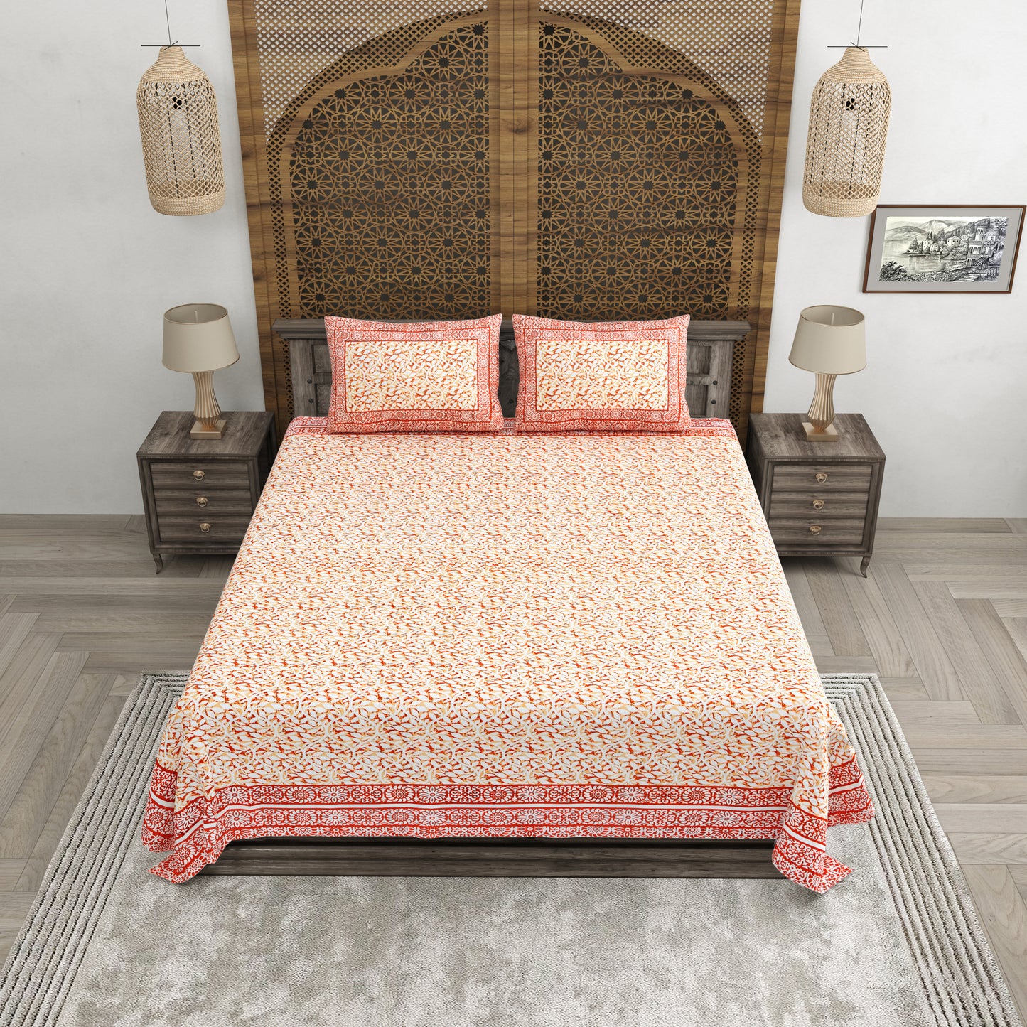 100% pure cotton (Size 98*108) jaipuri sanganari printed Super king Premium badsheet with 2 Matching pillow covers