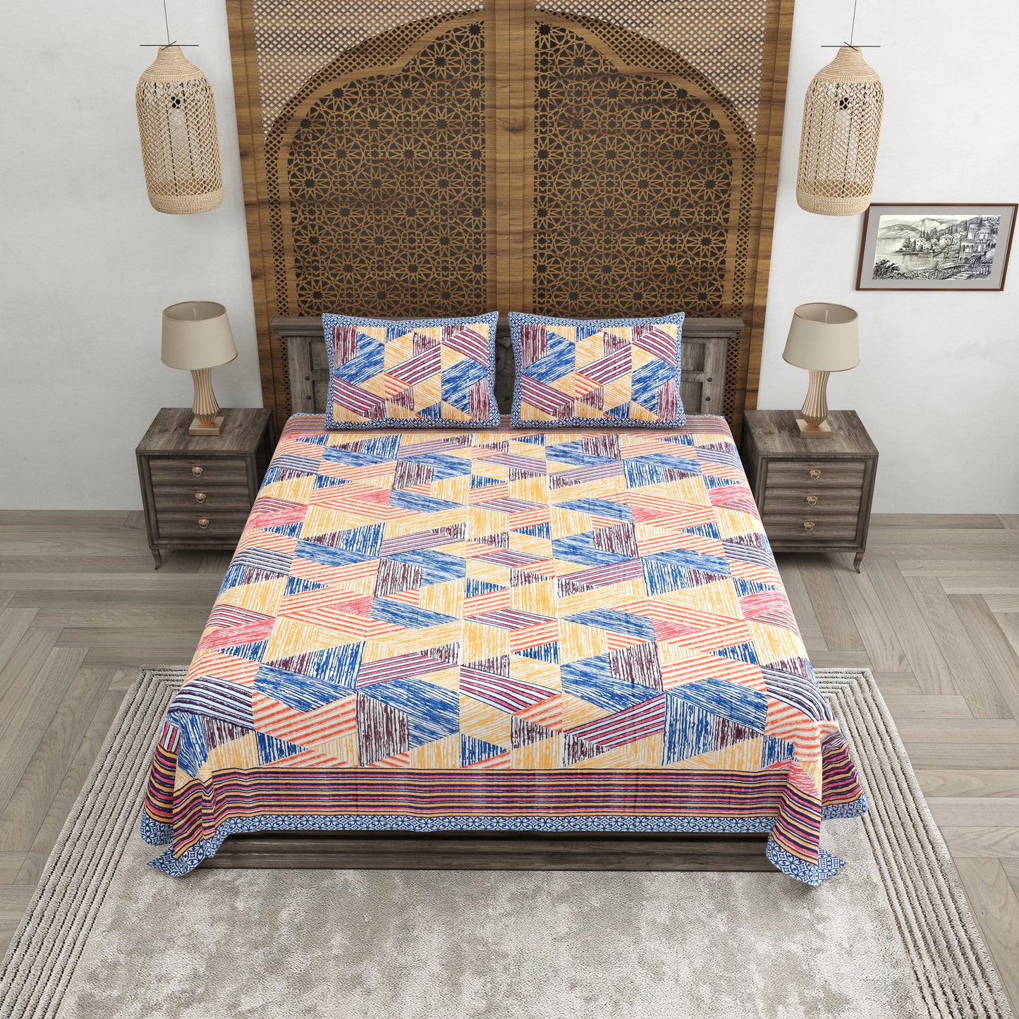 100% pure cotton (Size 98*108) jaipuri sanganari printed Super king Premium badsheet with 2 Matching pillow covers
