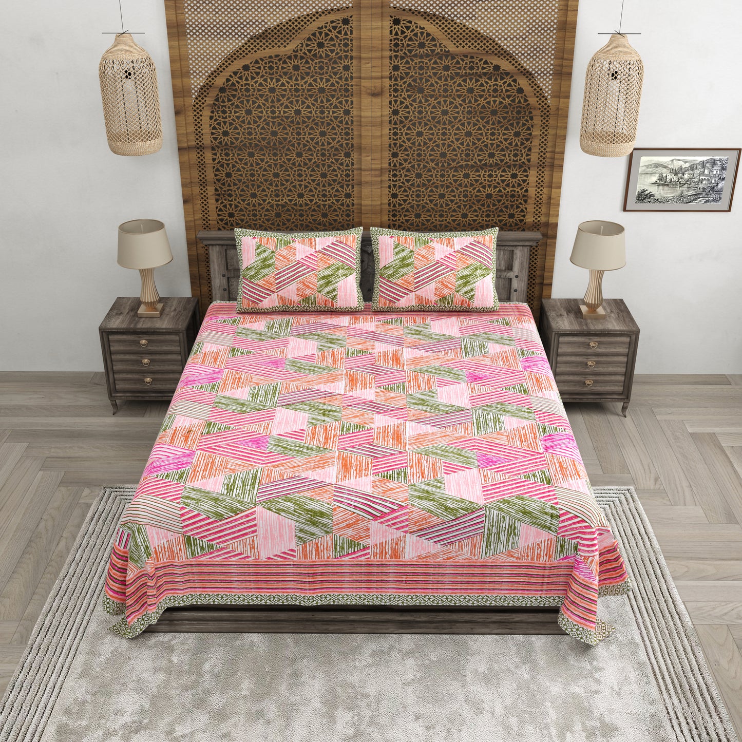 100% pure cotton (Size 98*108) jaipuri sanganari printed Super king Premium badsheet with 2 Matching pillow covers