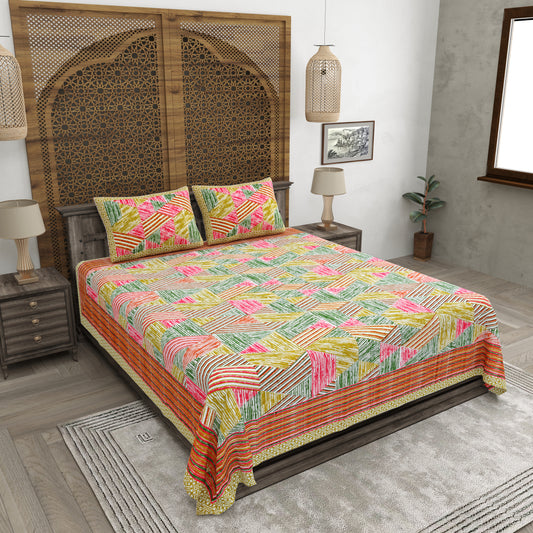 100% pure cotton jaipuri sanganari printed 98*108 king size Premium bedsheet with 2 Matching pillow covers