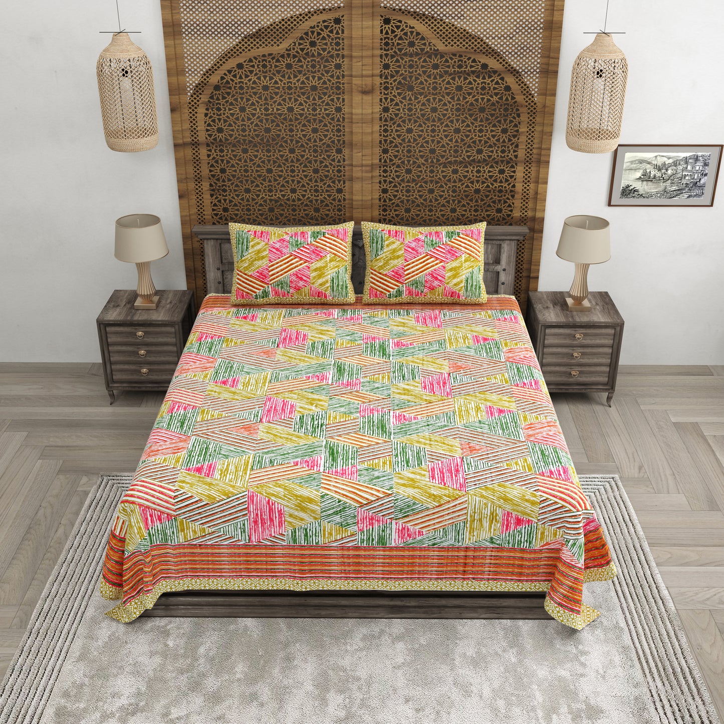 100% pure cotton jaipuri sanganari printed 98*108 king size Premium bedsheet with 2 Matching pillow covers