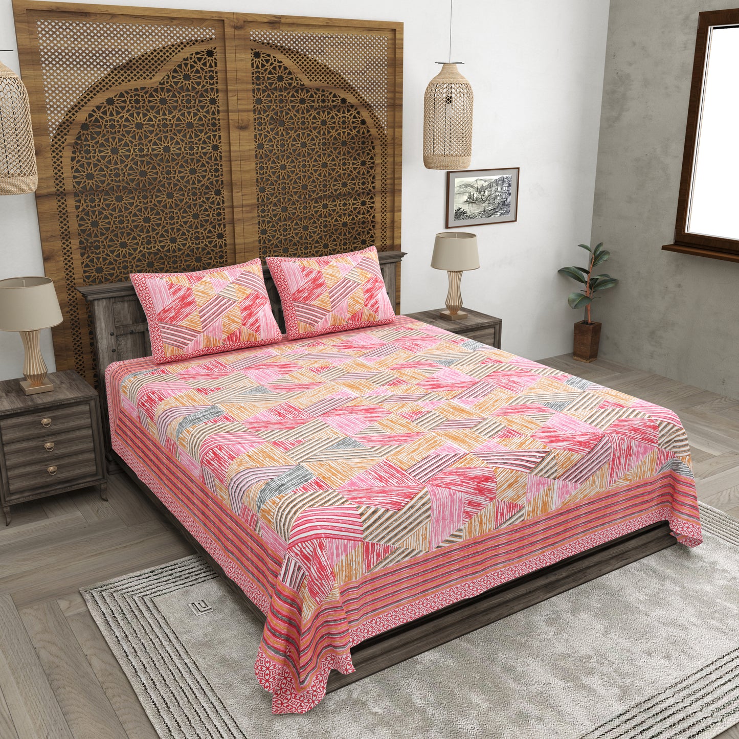 100% pure cotton jaipuri sanganari printed 98*108 king size Premium bedsheet with 2 Matching pillow covers