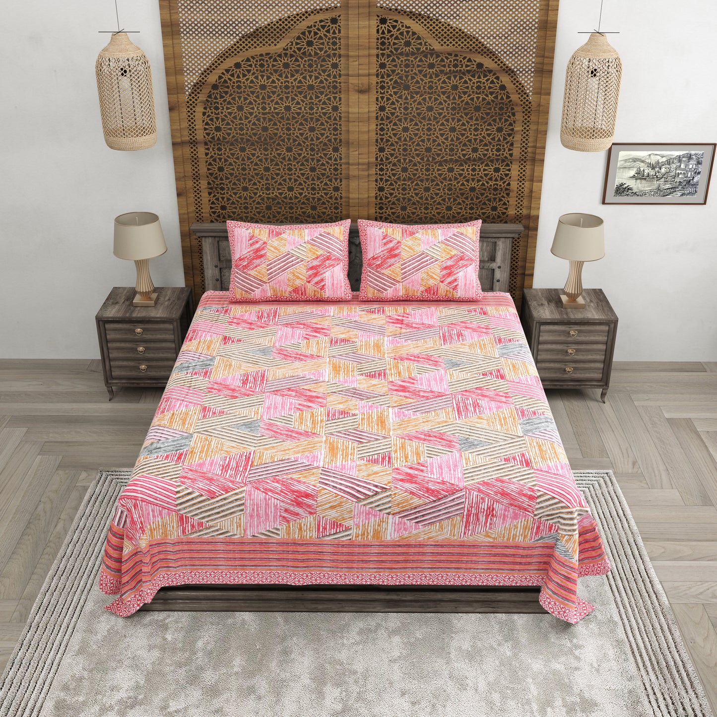 100% pure cotton jaipuri sanganari printed 98*108 king size Premium bedsheet with 2 Matching pillow covers