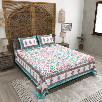 100% pure cotton jaipuri sanganari printed 98*108 king size Premium bedsheet with 2 Matching pillow covers