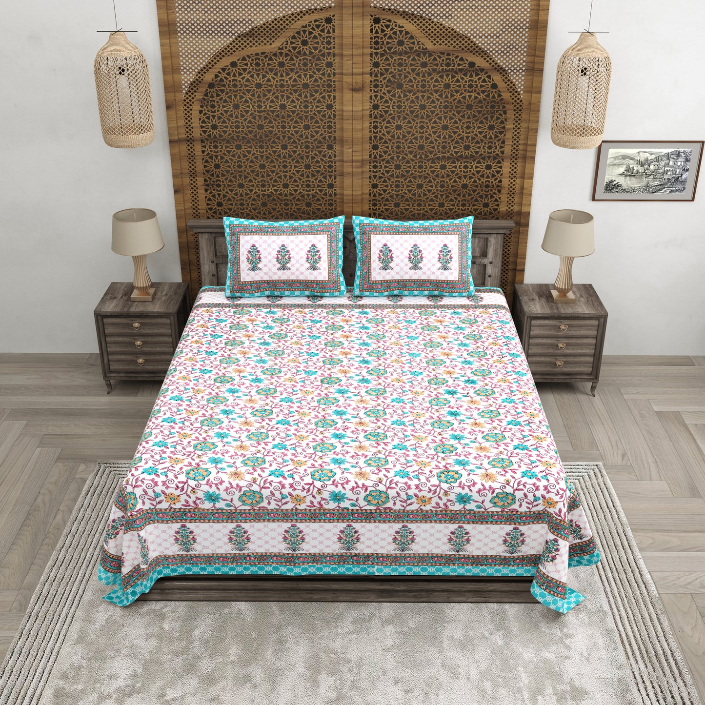 100% pure cotton jaipuri sanganari printed 98*108 king size Premium bedsheet with 2 Matching pillow covers